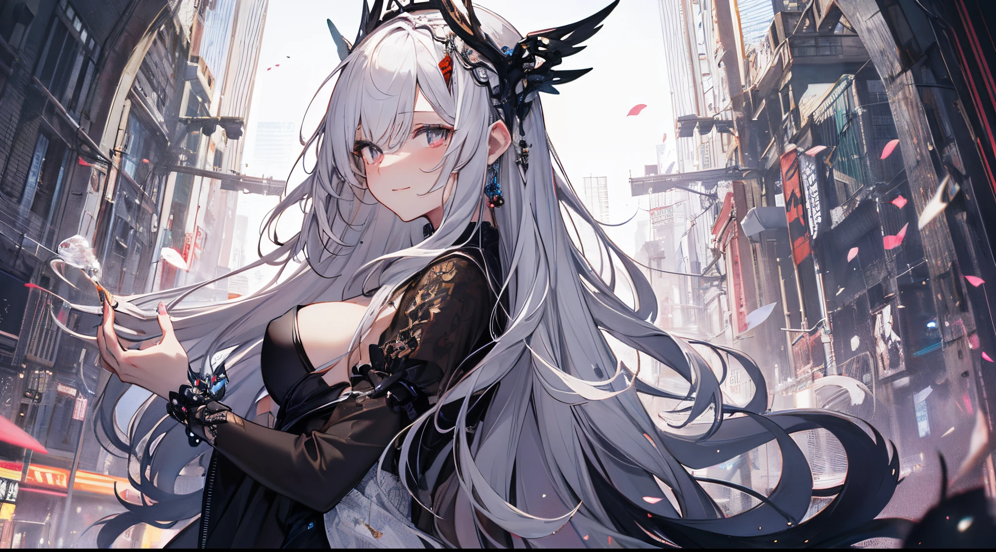 ((tmasterpiece:1.4,Best quality at best))+,(hyper-detailing)+,(Ultra-detailed eyes)+,(winged ears:1.5),
(cute girls),15year old,(golden red pupils:1.15),Long black hair,long braid,Bushy hair(wariza:1.2),pale-skinned,Seductive smile,black crystal block,Pointe-Noire,Empty eyes,Red eye lines on forehead
(She wore a shabby black robe,grey dress,bone pattern,:1.5),(black Bracelet:1.4)The sleeves are extra-long,black spiked headdress,baiyun,white colossus,Dream bubbles,black fingernails,red apple,Turn your back to everyone,tear pattern,metal chains,White skeleton
(bird feathers:1.1),
(dawn light:1.2),
(Thick black and white:1.16),(depth of fields:1.4),Complicated details,color mixing,Detailed route,Excellent,super detailing,The content is very detailed,(hight contrast:1.11),ventania,Amazing cleavage,beautidful eyes,messy hair,(best illuminate,Extremely Delicately Beautiful), ((movie light lighting)), (seen from the side:1.3),8K,tmasterpiece,Best quality at best,cinematic Film still from,1 plump girl,(Close-up cleavage:1.1),bright,Interesting,gentlesoftlighting,(bauhause,shape,line engineering,Abstract:1.1)offcial art, Unity 8k壁纸, ultra - detailed, Beautiful and beautiful, tmasterpiece, Best quality at best, (dynamic angle:1.4),PerfectNwsjMajic,(tmasterpiece,top-quality,Best quality at best,offcial art,Beauty and aesthetics:1.2),The content is very detailed,rich colourful,highest details,