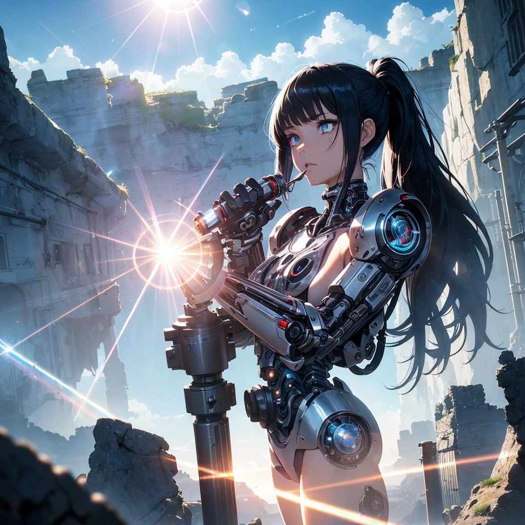 1girl, cyborg, mechanical arms, mechanical legs, upper body, (cybernetic:1.4), (skulls, broken houses), war scenery, (blue flames:1.3), (black hair|white hair), (black eyes|white eyes), (sidelocks|ponytail), (absurdly long hair:1.4), glowing armor, solo focus, (magic circle:1.15), [depth of field, ambient lighting, blurry foreground, blurry background], ornate armor, massive structures, atmospheric, smokes, (barren fields), (cliff scenery:1.2), (magic circle), heavenly light, (lens flare:1.7), light flares, intricate details, enhanced lighting, starry sky, comets, vast lands, (full body:1.2), (night:1.2), sitting
