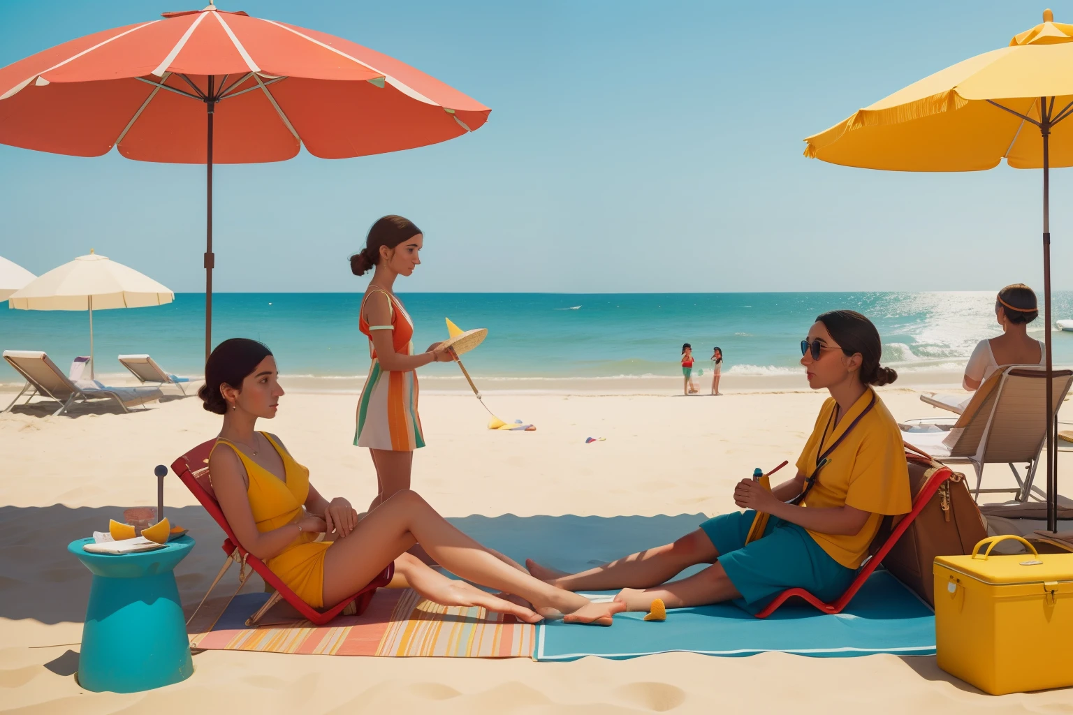 Italian Seaside, 2014: The sun-drenched Italian seaside becomes a Wes Anderson-inspired coastal retreat. Characters, sporting a blend of beachwear with Anderson's distinct flair, share a quiet moment against a backdrop of meticulously arranged umbrellas. The vibrant colors and whimsical composition capture the emotional highs and lows of Sally Rooney's narrative in true Wes Anderson style.