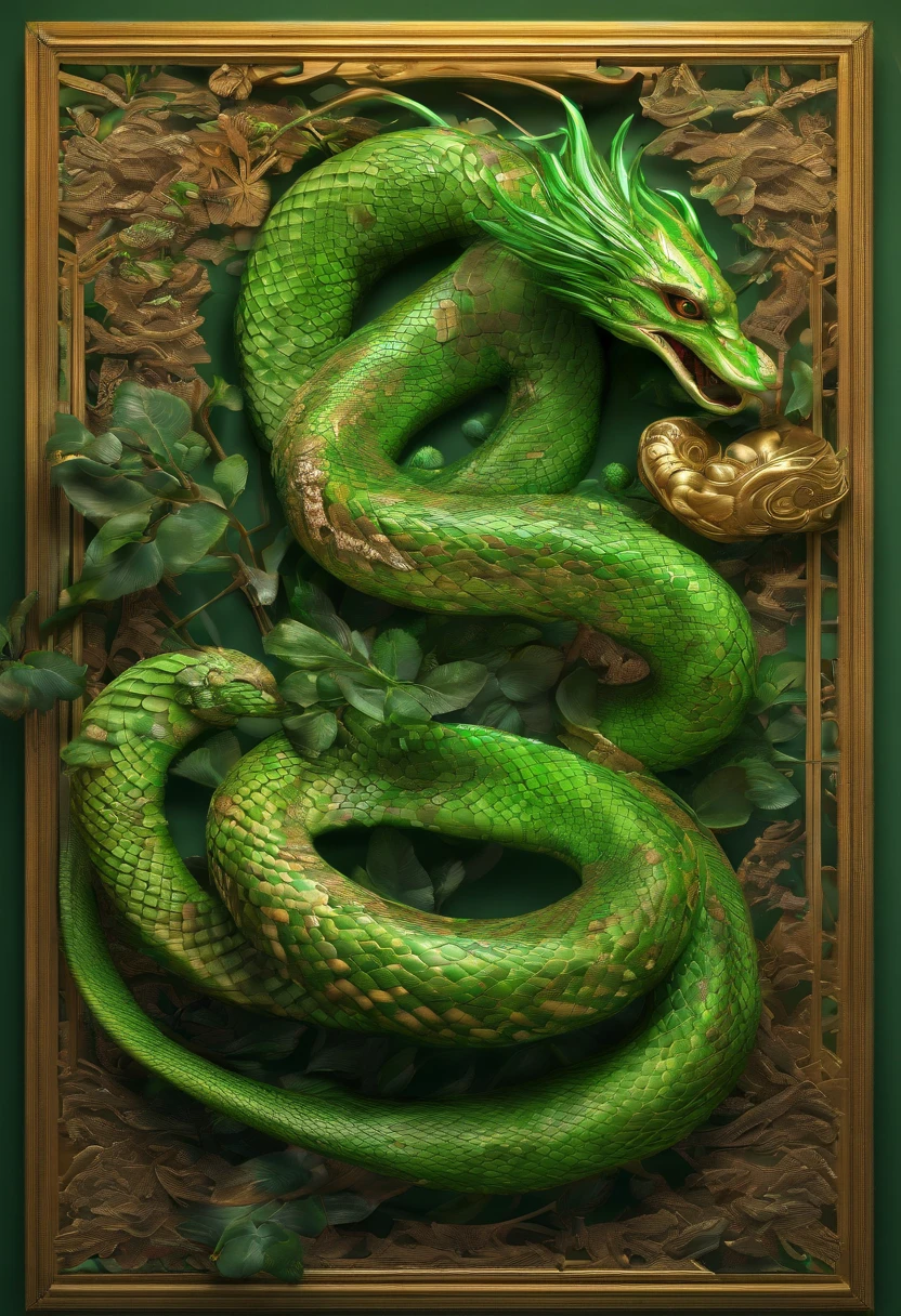 images of mythical creatures ,serpent, Thai style, Looks great., The image is clear, Provocative, Robdua wins gold medal., green body, .3D