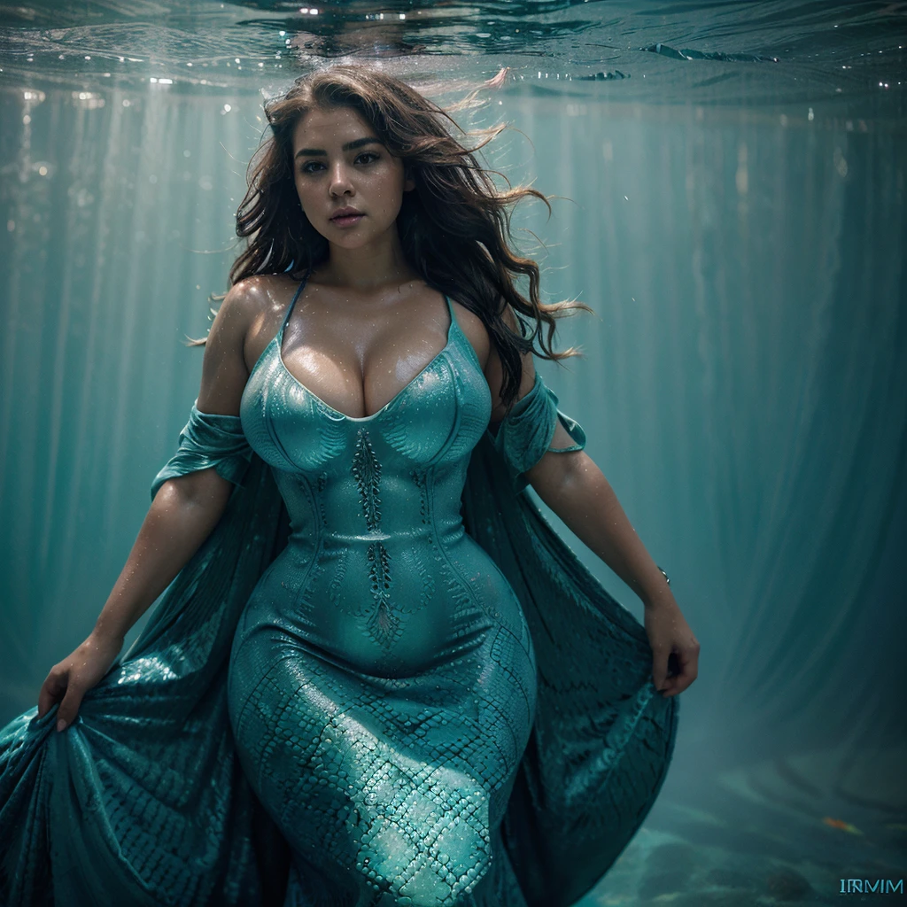 ((curvy woman diving under water)), ((big curvy hips)), wet, beautiful, glowing lights, bubbles, flowing long wavy hair, bright clear eyes, ((long mermaid ballgown)), powerful, bioluminescence, 24mm, 4k, soft cinematic light, RAW photo, photorealism, photorealistic, intricate, elegant, highly detailed, sharp focus, ((cinematic look)), soothing tones, insane details, intricate details, hyperdetailed, low contrast, soft cinematic light, dim colors, exposure blend, hdr, faded, (epic), sexy, magical, blooming flowers, iridescent, epic, jewelry, sweaty,