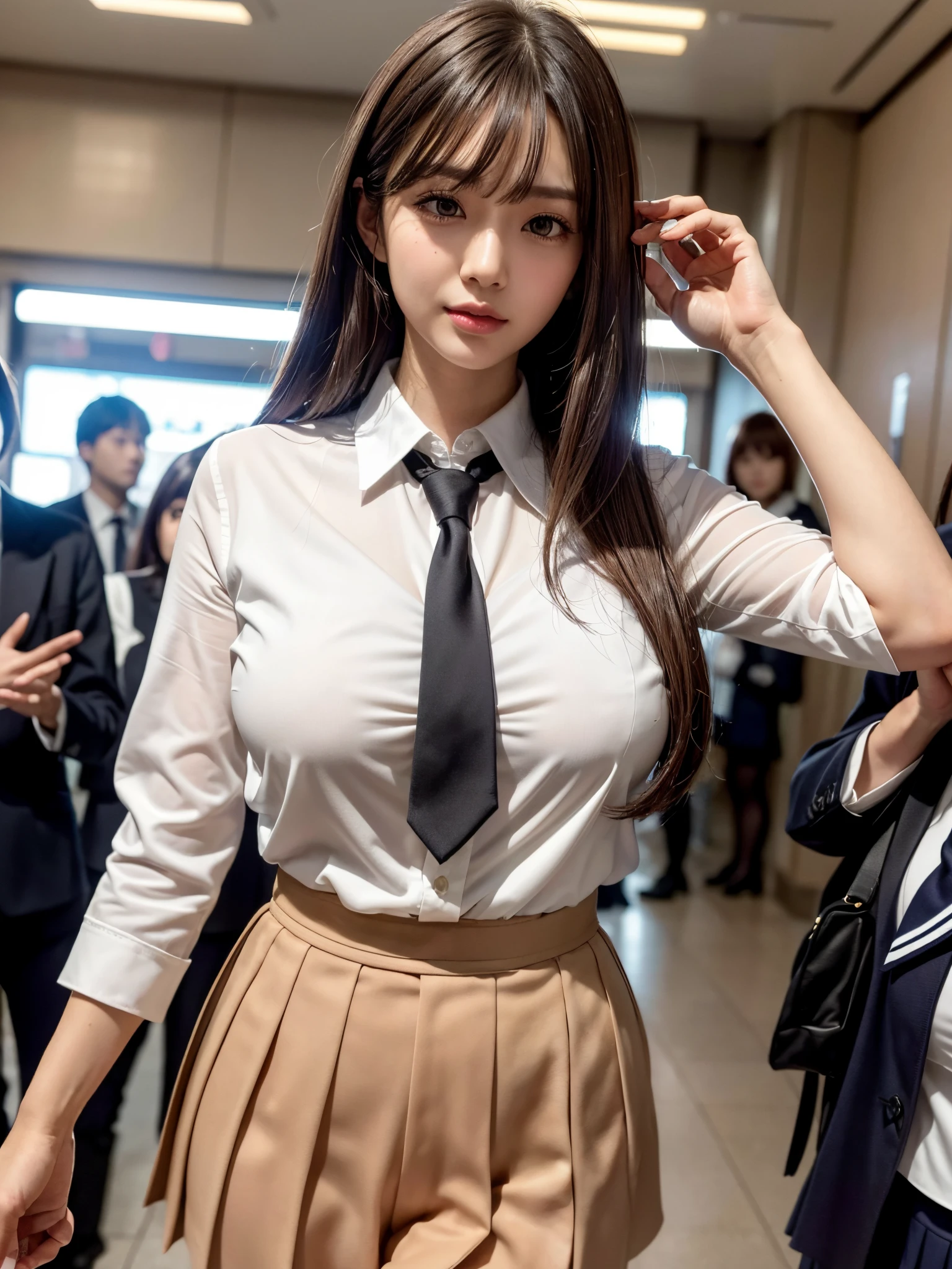 (Best Quality,8K,32K,Raw photo,Realistic,High resolution:1.2),（On a crowded train）(((Cute Korean girl in her 20s))),(Huge boobs:1.2),(Voluptuous:1.3),((light purple long-haired)),(fullllbody,FULL BODYSHOT)、（Office Lady Cosplay）、（Woman in a suit）,（(Natural smile)）,(((gal make)))、(((white shirt and black skirt))),(leg spreads), (From below)