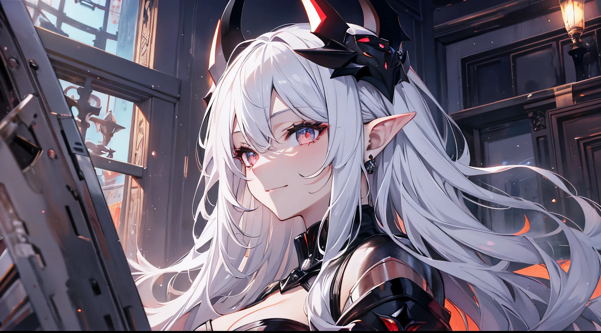 ((tmasterpiece:1.4,Best quality))+,(hyper-detailing)+,(Ultra-detailed eyes)+,(pointy ears:1.5),
(cute girls),15year old,(golden red pupils:1.15),cabelos preto e longos,long braid,Bushy hair(wariza:1.2),pale-skinned,seduct smile,black crystal block,Black Devil Horn,vacant eyes,There is red eyeliner on the forehead,Dragon tail
(She wore a shabby black robe,grey dress,bone pattern,:1.5),(black Bracelet:1.4)The sleeves are extra-long,black spiked headdress,baiyun,white colossus,Dream bubbles,black fingernails,red apple,With your back to everyone,tear pattern,metal chains,White skeleton
(Demon Maiden:1.1),
(dawn light:1.2),
(Thick black and white:1.16),(depth of fields:1.4),Complicated details,color mixing,Detailed route,Excellent,super detailing,The content is very detailed,(hight contrast:1.11),ventania,Amazing cleavage,beautidful eyes,messy hair,(best illuminate,Extremely Delicately Beautiful), ((movie light lighting)), (seen from the side:1.3),8K,tmasterpiece,Best quality,cinematic Film still from,1 plump girl,(Close-up cleavage:1.1),bright,Interesting,gentlesoftlighting,(bauhause,shape,line engineering,Abstract:1.1)offcial art, Unity 8k壁纸, ultra - detailed, Beautiful and beautiful, tmasterpiece, Best quality, (dynamic angle:1.4),Perfect NwsjMajic,(tmasterpiece,top-quality,Best quality,offcial art,Beauty and aesthetics:1.2),The content is very detailed,rich colourful,highest details,
