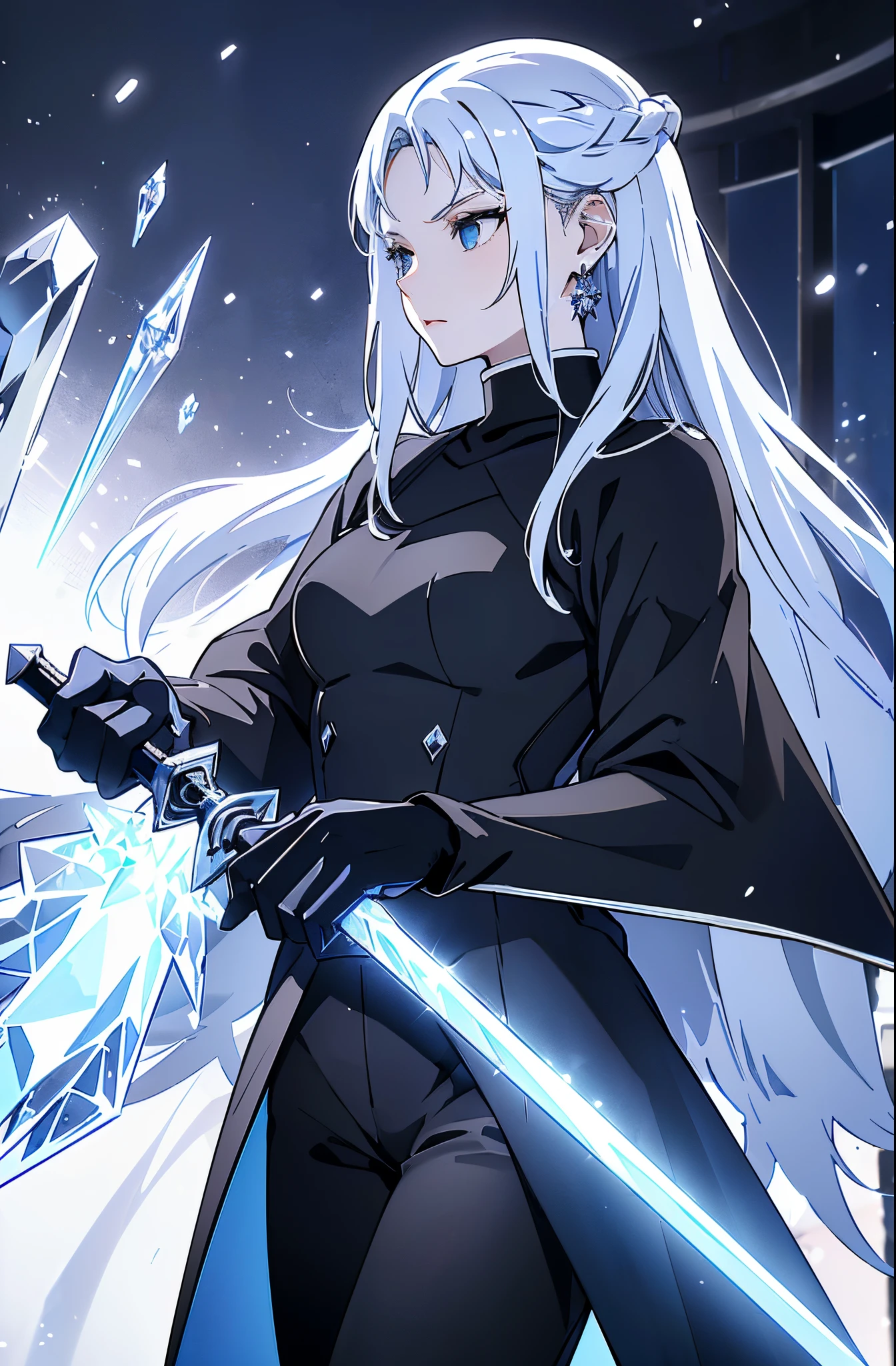 (best quality,4k,8k,highres,masterpiece:1.2),ultra-detailed,(realistic,photorealistic,photo-realistic:1.37),a woman,young,19 years old,swordsman,long white hair,skin as white as snow,cold eyes,blue eyes like crystal,black sweater,black pants,white cape,crystal sword,earring in her ear
