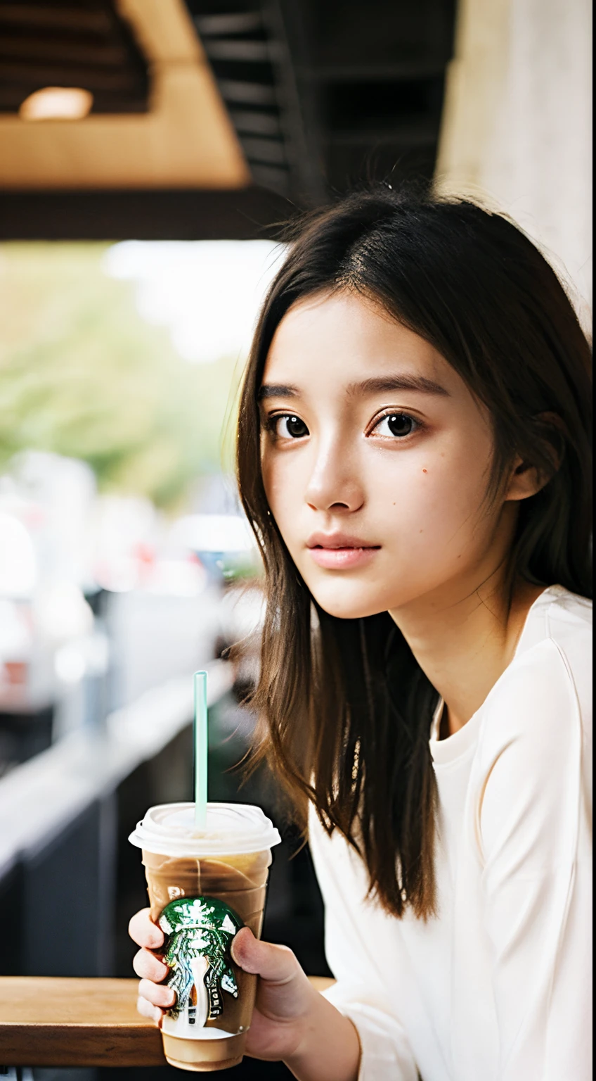 Photorealsitic、reallistic、Raw photography、masterpiece、top-quality、hight resolution、illustratio、The background is inside a Starbucks.
((Iced latte with milk))、Skinny bat、Skinny Legs、
1girl in、Random hairstyles、Slim Leg、delicate and pretty、face perfect、beautidful eyes、Chromo-white skin、Real Human Skin、pores、