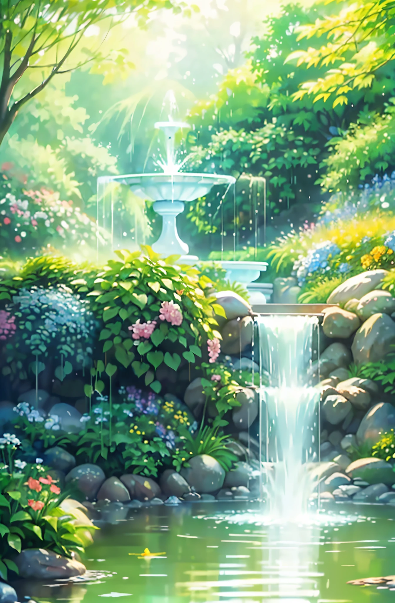 (a peaceful garden,fountain,pure water flowing out of the fountain,sparkling water droplets,green surroundings,beautiful flowers,birds chirping,gentle breeze,serene atmosphere,relaxing ambiance) (oil painting:1.1,realistic,photorealistic:1.2),vibrant colors,soft sunlight,playful light and shadow effects