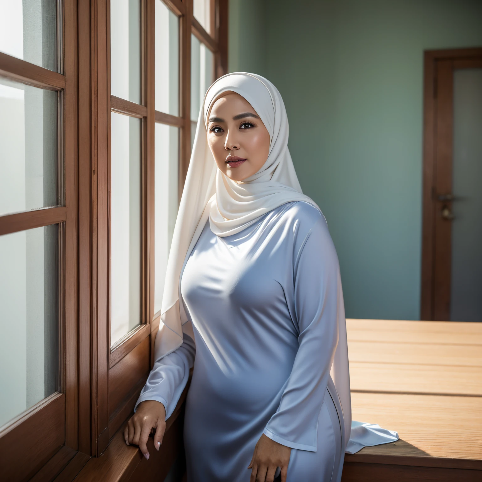 56 years Old, Hijab Indonesian mature woman, Big Mature Tits : 48.9, Gamis, white skin like porcelain, Curvy body,  Erotic Pose : 1.6, Alluring Face : 1.2, at Teacher Office, High light, at Day time, 128K HDR Best Quality Photo.