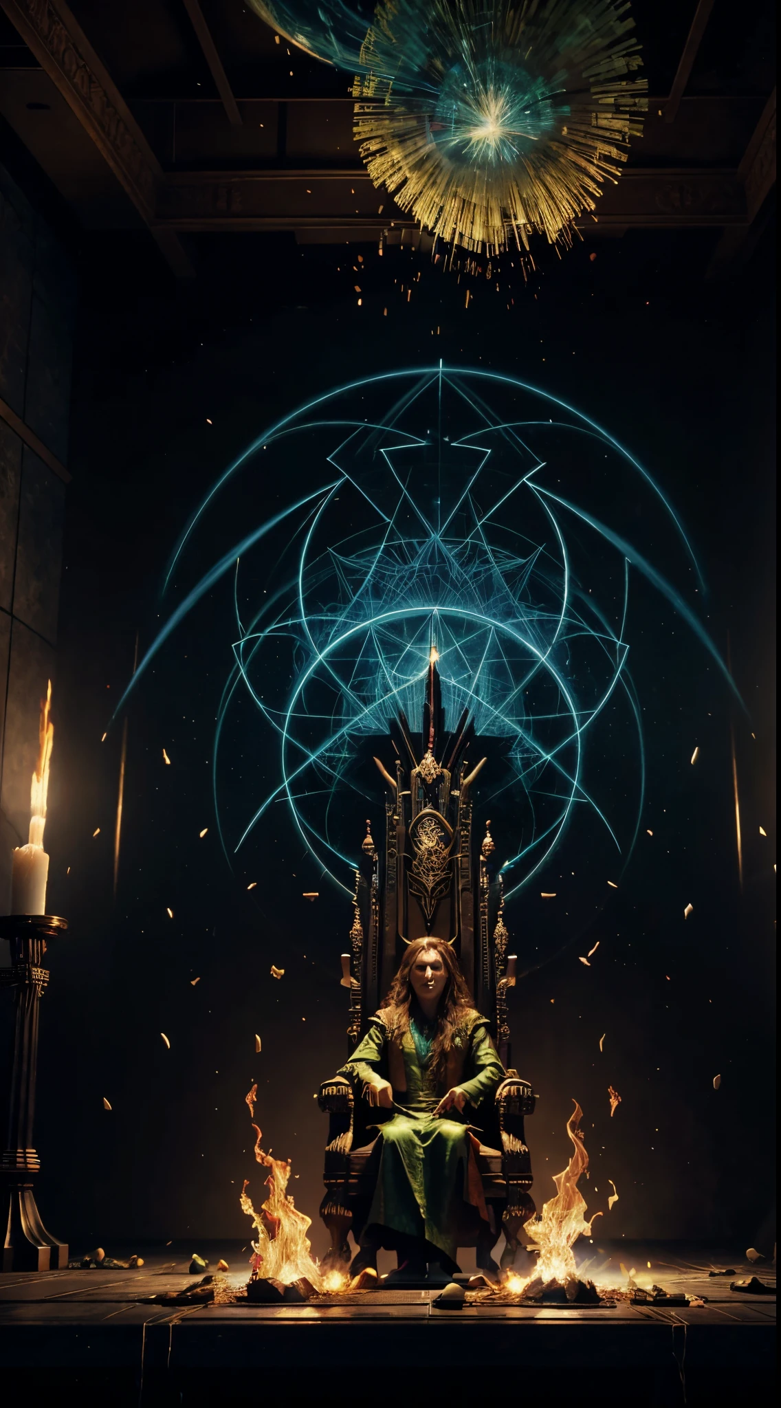 there is a throne with fire coming out of it in a room, a hologram by John La Gatta, flickr, holography, the wizard of oz, wizard of oz, oz, movie screen shot, wicked witch of the west, wizard casting acid splash, full - view, [ greg rutkowski ], movie screenshot, movie screencap, movie