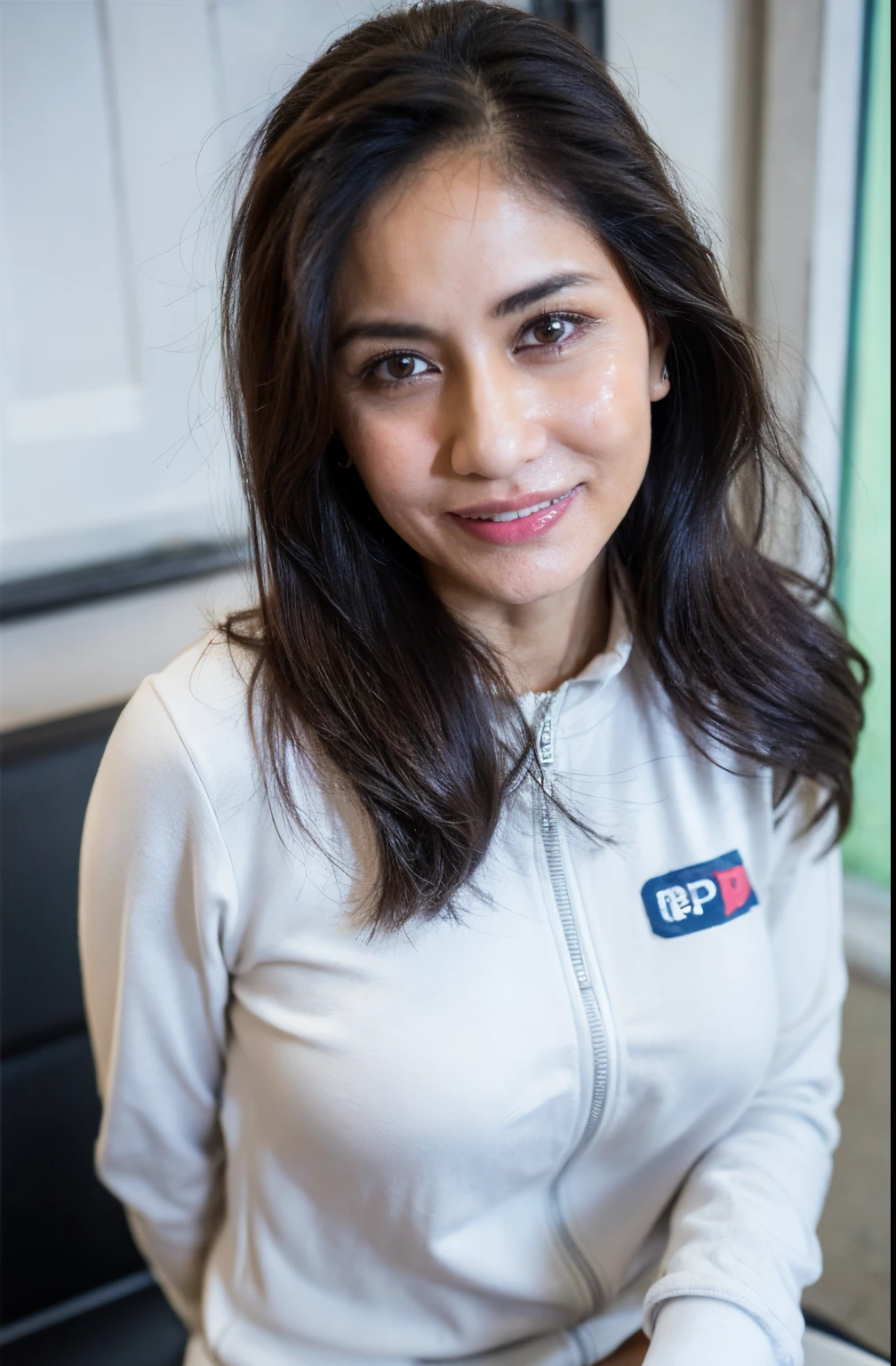58-Years-Old,Female Store owner, Hijab Beautiful Indonesian Mature Woman, Wearing Gym Suit, White Skin Like Porcelain, Alluring Face, Erotic Pose, Realistic Ultra Gigantic Breast : 36.9,realistic wrinkels body, PP cup Breast, Seducting Look, a lot of sperm liquid cover her face : 1.9, lustful Smiling.