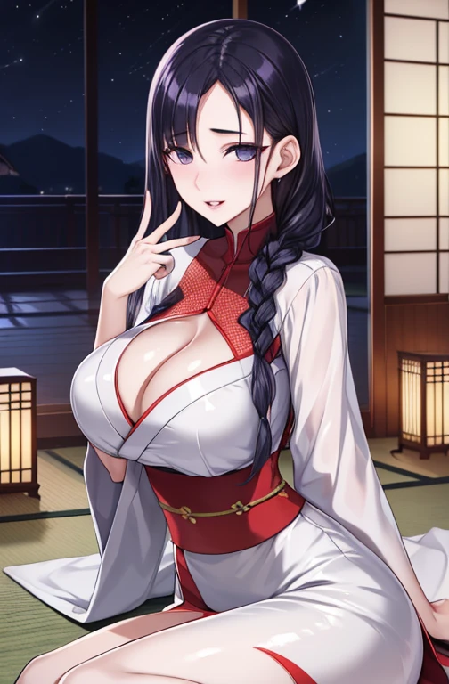 (Night:1.7), east asian architecture, 
sitting at attention,sitting on Tatami,
White_kimono,
black_hair, long_hair, hair_pulled_back,parted_lips,purple_eyes, braid,
1 girl, Manga,20yo,mature female,Beautiful Finger,Beautiful long legs,Beautiful body,Beautiful Nose,Beautiful character design, perfect eyes, perfect face,
looking at viewer,(innocent_big_eyes:1.0),(Light_smile:1.0),
official art,extremely detailed CG unity 8k wallpaper, perfect lighting,Colorful, Bright_Front_face_Lighting,
(masterpiece:1.0),(best_quality:1.0), ultra high res,4K,ultra-detailed,
photography, 8K, HDR, highres, absurdres:1.2, Kodak portra 400, film grain, blurry background, bokeh:1.2, lens flare, (vibrant_color:1.2)
(Beautiful,large_Breasts:1.4), (beautiful_face:1.5),(narrow_waist),(cleavage cutout:1.4),