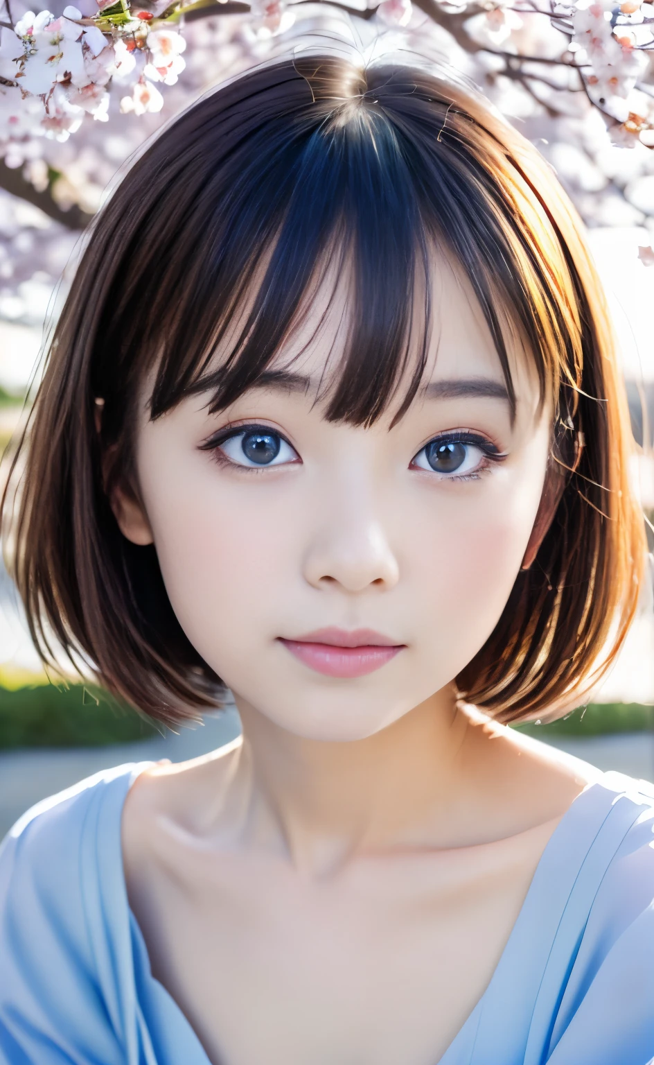 masutepiece:1.2, High quality, Best Quality, High resolution,, Hyper realistic,japanaese girl, Short Bob、 Blue eyes,Infinitely clear eyes、Head tilt,Light blue dress、 Sunset, cherry blossom, Portrait,Natural look, (Detailed face), ((Sharp Focus)), ((Face)), 上半身_Body