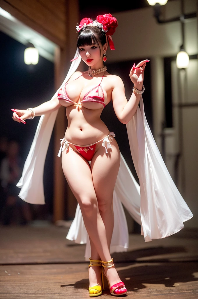 8K、(Ultra-realistic images)、ultra-detailliert、masterpiece、Live Action、Top image quality、top-quality、japanes、1人の女性、White, clear skin、(Pouty figure:1.3)、yellow micro bikini with frills、eye glasses、(Clearly visible cleavage:1.3)、Cute smile、(large boob:1.3)、(Beautiful fingers、beautiful nails、red lipsticks)、(big earrings and big headband)、(Posing cutely:1.3)、(Wearing pin heels)、Neon Street at Night、Crowded with a large number of people、