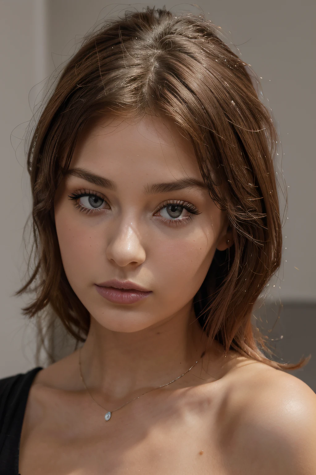 Femme arafed , fille aux yeux bleus, Portrait Sophie Mudd, cheveux bruns et grands yeux, Selfie d'une jeune femme, Violet Myers, sans maquillage, maquillage naturel, Regarder directement la caméra, Visage avec Artgram, Maquillage subtil, clivage, arrière plan salon lumineux, vetement noir couvrant les épaules, mineur