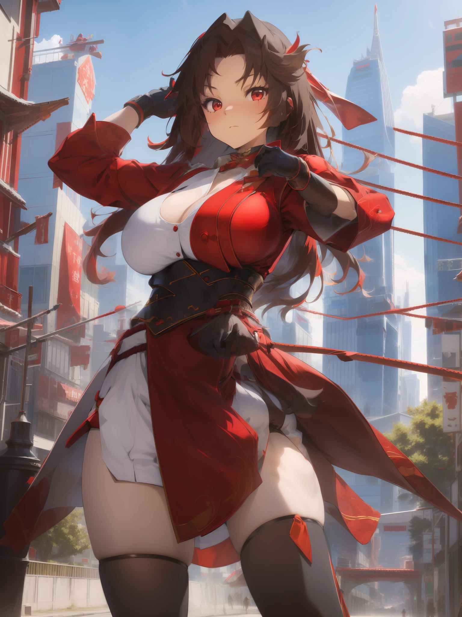 ultra-detailed, masterpiece, highest quality, draw the face, mischievous smile face, ultradetails, add details, holding fan, red scarf, chinesse dress,