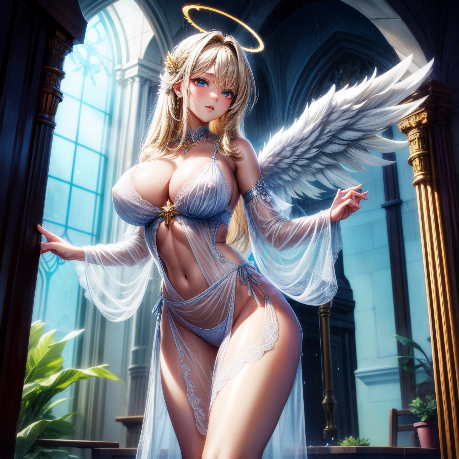 (8K ,hyper-detailing,ultra real photo,Best masterpiece,natural,Perfect artwork,Perfect female body),Cute busty girl ,Hair color,(large tities),Angelic,obsessed,the angel's wings,The halo,Beautiful church,beautiful rain of petals,Gorgeous accessories,golden brilliance,Wearing a see-through sexy gauze skirt,Sexy transparent dress,ssee-through,Built-in thong,The cracks are relatively large,stretch the meat,Raised sexy,Flirtatious,obscene exposure