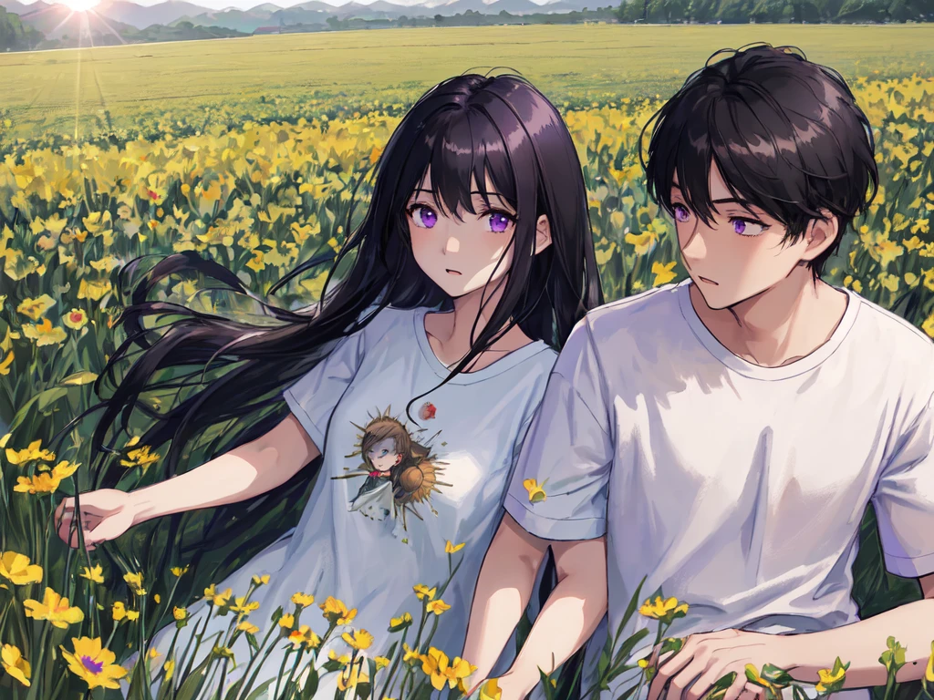 Masterpiece, best quality, highres, {field of field}, extremely detailed couple, illustration, solo, sharp focus, male focus, female focus, Black hair, Violet eyes, sun, sunlight, raising, surprised, clear sky, T-shirts, male leisure clothes, expressionless, female fashion, holding men arm, holding girl arm
