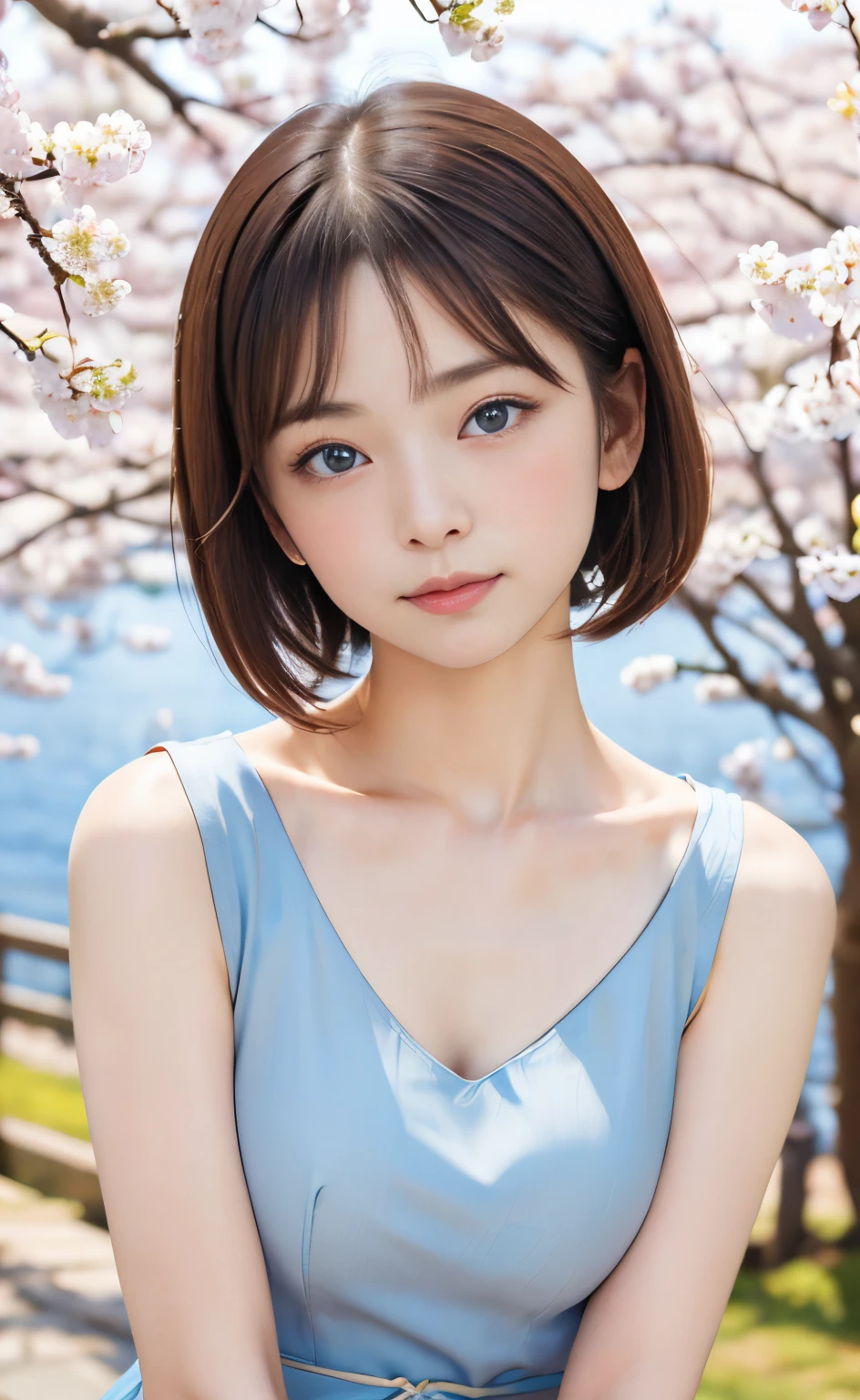 table top:1.2, high quality, 最high quality, High resolution, be familiar with, surreal, with a girl, very short gray hair, pixie cut hair, blue eyes, head tilt, sunset, Cherry Blossom, portrait, closed my eyes, 笑face, (be familiar with face), ((sharp focus)), ((face)), Upper body_body