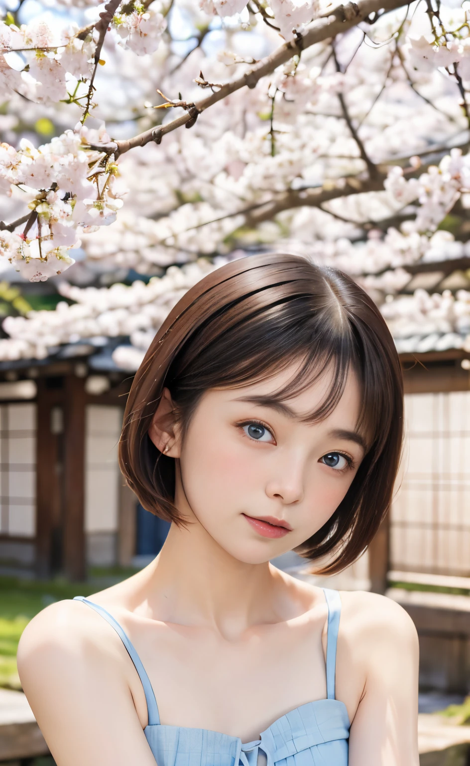 masutepiece:1.2, High quality, Best Quality, High resolution,, Hyper realistic,japanaese girl, a short bob、 Blue eyes,Infinitely clear eyes、Head tilt,Light blue dress、 Sunset, cherry blossom, Portrait,Natural look, (Detailed face), ((Sharp Focus)), ((Face)), 上半身_Body