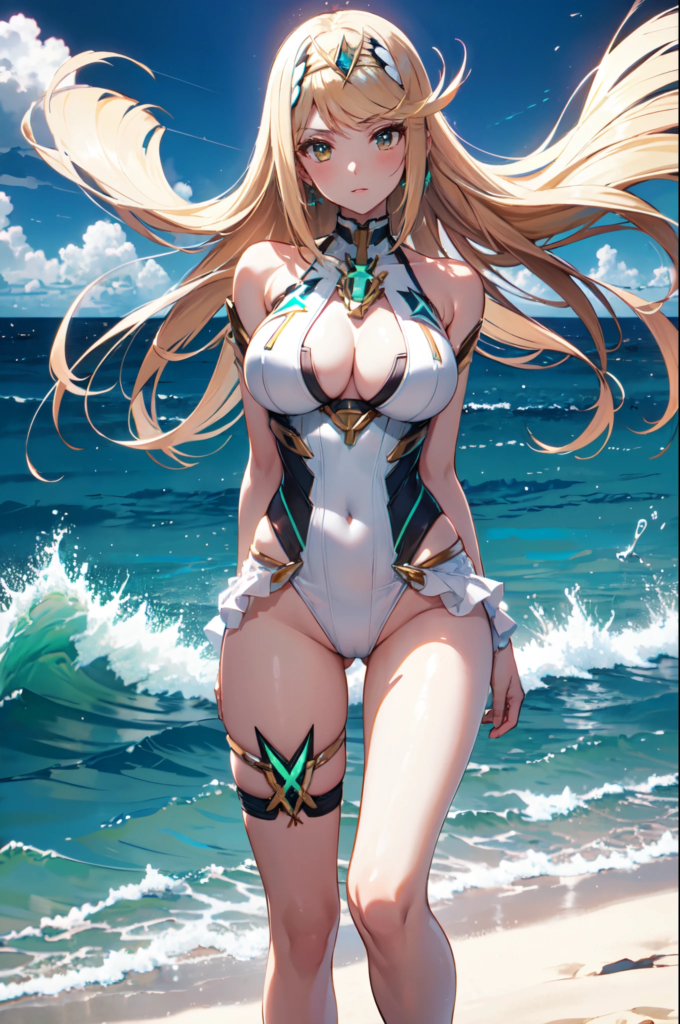 masterpiece, centered, concept art, suggestive pose, 1girl, mythra \(xenoblade\), blonde hair, long hair, (sexy white swimsuit), sexy, beach background, epic composition, epic proportion, volumetric lighting, HD