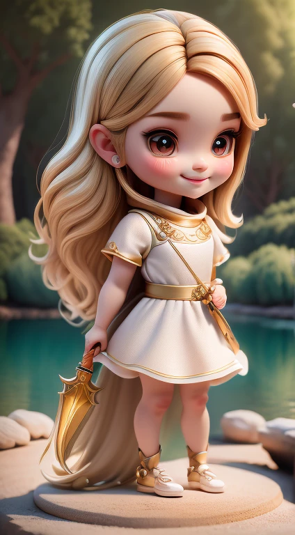 chibi1 white girl:5, Cute smile, came out of the lake((Full body))) ,Realistic Shadows, Sparkling eyes, Detailed skin, Slightly sparkling brown eyes, pose for photo,long golden straight hair, , Very detailed, Highly detailed 8K faces, Perfect face shape, perfect full lip, Perfect nose, beautiful and correct eyes, submissive, goddes: 3.45, masutepiece, Best Quality, Single, Alone, (Advanced Chibi)、(((On the lake)))、((pure white long dress with no decorations))、front、((she has a simple gold ax.))、