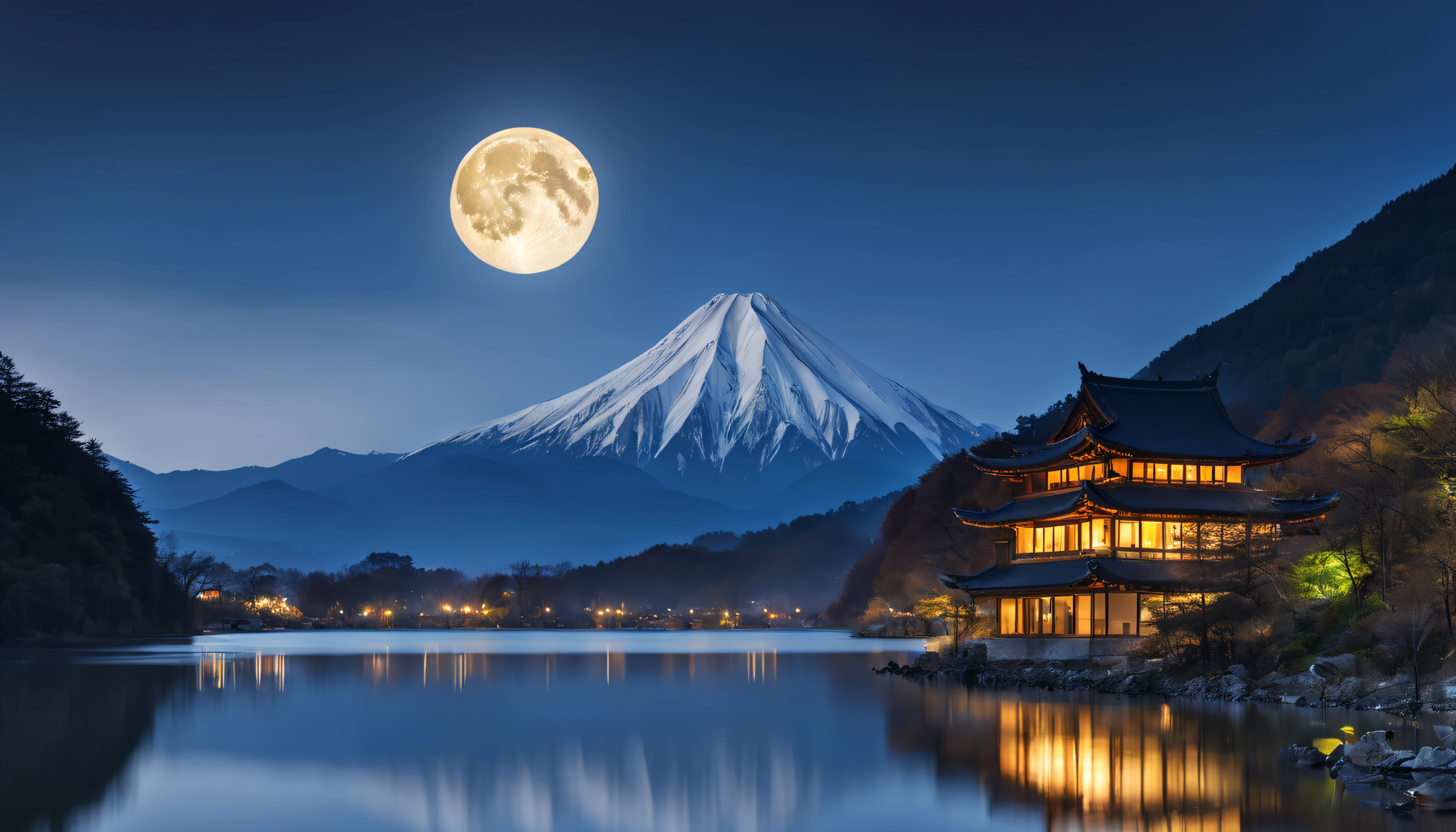 Lake in the foreground、mountain on the other side々、A fantastic big moon shining above the mountain