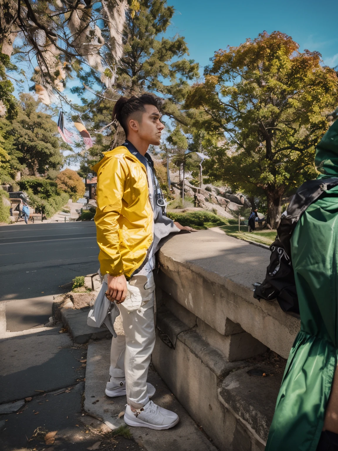 Background and tree change into montain realistic face art and shoes change in sneaker and wear jacket nature realistic