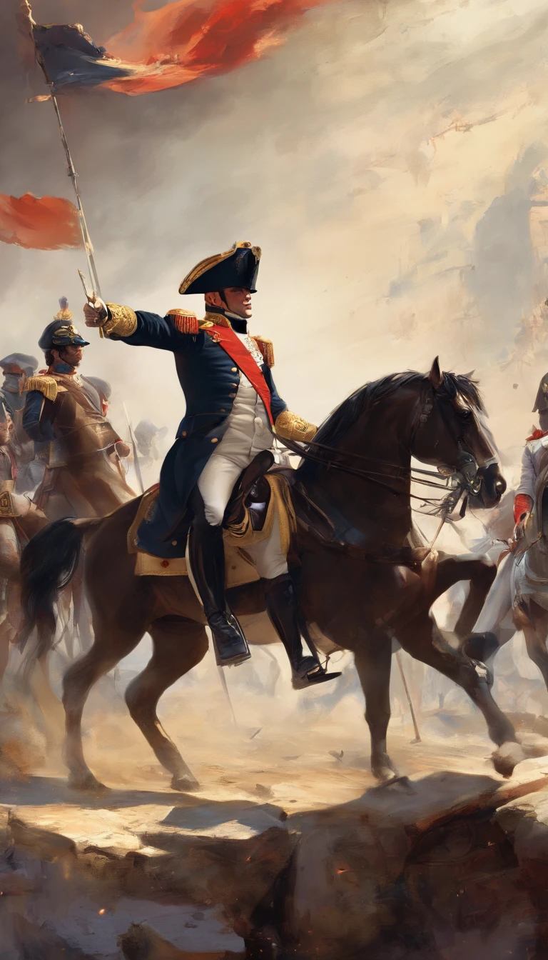 Napoleon Bonaparte meeting with his generals, he is pointing out a strategy on a table that has a map, epic, particles flying across the scene, illustration