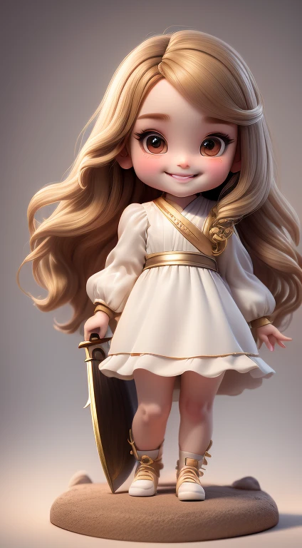 chibi1 white girl:5, Cute smile, came out of the lake((Full body))) ,Realistic Shadows, Sparkling eyes, Detailed skin, Slightly sparkling brown eyes, pose for photo,long golden straight hair, , Very detailed, Highly detailed 8K faces, Perfect face shape, perfect full lip, Perfect nose, beautiful and correct eyes, submissive, goddes: 3.45, masutepiece, Best Quality, Single, Alone, (Advanced Chibi)、(((On the lake)))、((pure white long dress with no decorations))、front、((she has a simple gold ax.))、