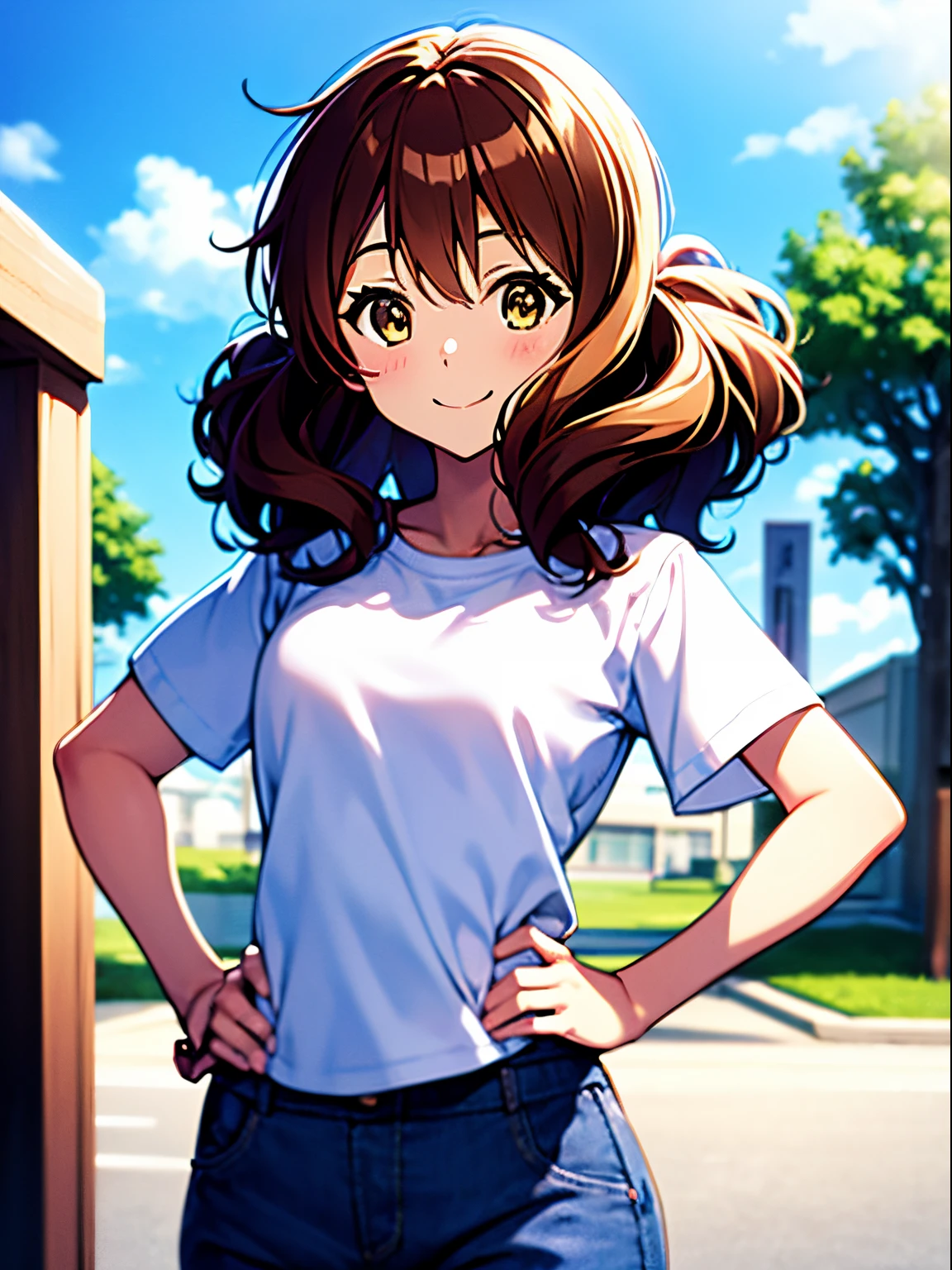 Kumiko、Kawaii Girl、a smile、white t-shirts、trouser、A cute girl no matter who looks、Hands on the hips、absolute reference to center、Fluffy hair、dishevled hair