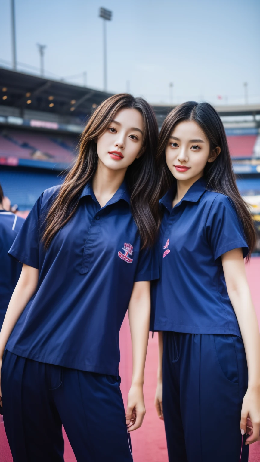 (bestquality,10,10,highres,masterpiece:1.2),ultra-detail,(Realistic,photorealistic portrait,photo-realistic:1.37),1 Cute girl in the football field,oily shiny skin,bara,light smile,BDclothes,((blue shirt:1.3)),short sleeves,shirt, trousers.,(navy_long_Pants Track:1.1), ((Stadium Background:1.3)),dynamic angle,excited,face focus,Dynamic Poses,from behide,Ass Focus,masterpiece, bestquality, ultra realistic, hyper-detail, 8k resolution, RAW photo, crisp focus, ((Navy blue shirt:1.1)), short sleeves, Long Path, Perfect body, 2 mature women, 18yo, cinematic light,Blue sweatpants,Gymware,Correct anatomy,Complete body, Correct body, sharp face, Anatomically correct body, full entire body, Realistic gestures, long-haired, Realistic poses,Wear long shorts....................,Long leg span,Shapely,Sculpting Girl, Slender Figure, mannequin mannequins, Shapely, Beautiful body,Blue sweatpants, Two girls kissing