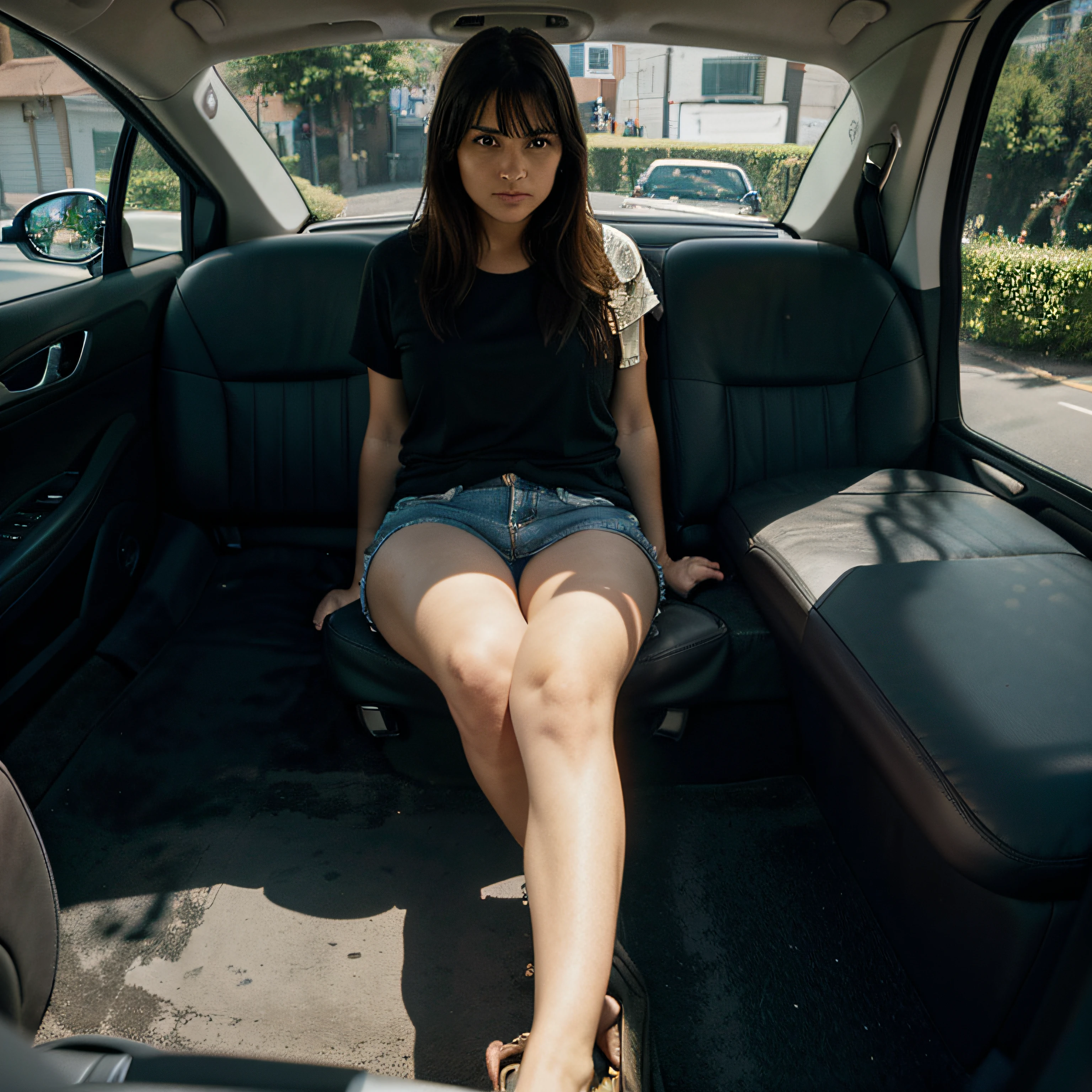 A woman tries to ride in a car and puts one foot inside the car and one foot outside the car , wide angle , outside car , street