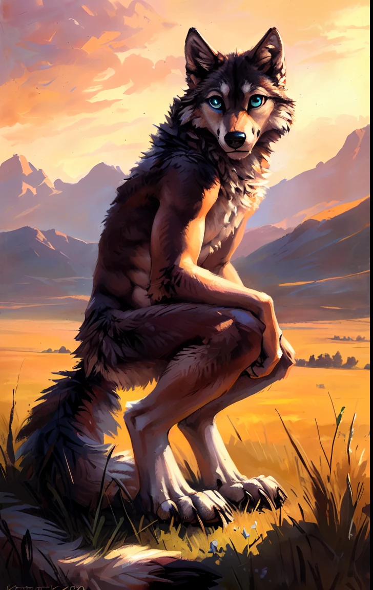 ((Solo)), male people, anthro wolf, (Multi-colored fur, White-brown:1.3,White tail pointed), (Height 2.1m,Tail length 1.5m), ((Wolf face, Big eyes, White eyelids, Blue pupil, Slim:1.2) (Tough, Calm expression:1.2)), Abs, Slim, pinging)), (Correct anatomy), Naked all over the body,A long big tail,Feet,(Realistic fur, Detailed fur texture, labeled:1.3)), (Natural lighting), Photorealistic, Hyperrealistic, ultradetailed, by Kenket,Endless grasslands,No artifacts