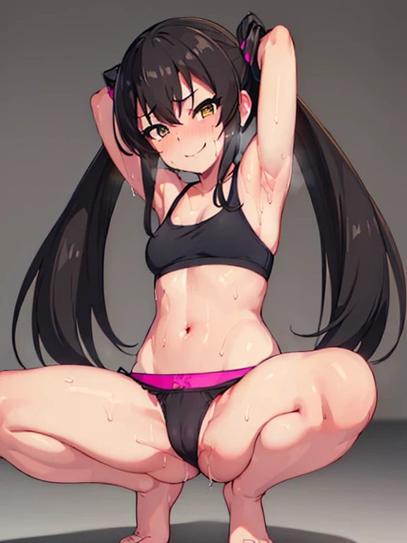 masterpiece, best quality, highres, Matoba Risa, 1girl, solo, busty, small breasts, black hair, twintail, sport bra, short skirt, garter on thigh, looking at viewer, full body, standing, simple background, (erotic pose:1.4), blush, smile, grinning, (Crotch panties exposed:1.3), ((Sweating in heat, arms behind head, double armpits, crouching down, half-squat, Open the crotch before:1.3)), In the middle, symmetrical, netorare face