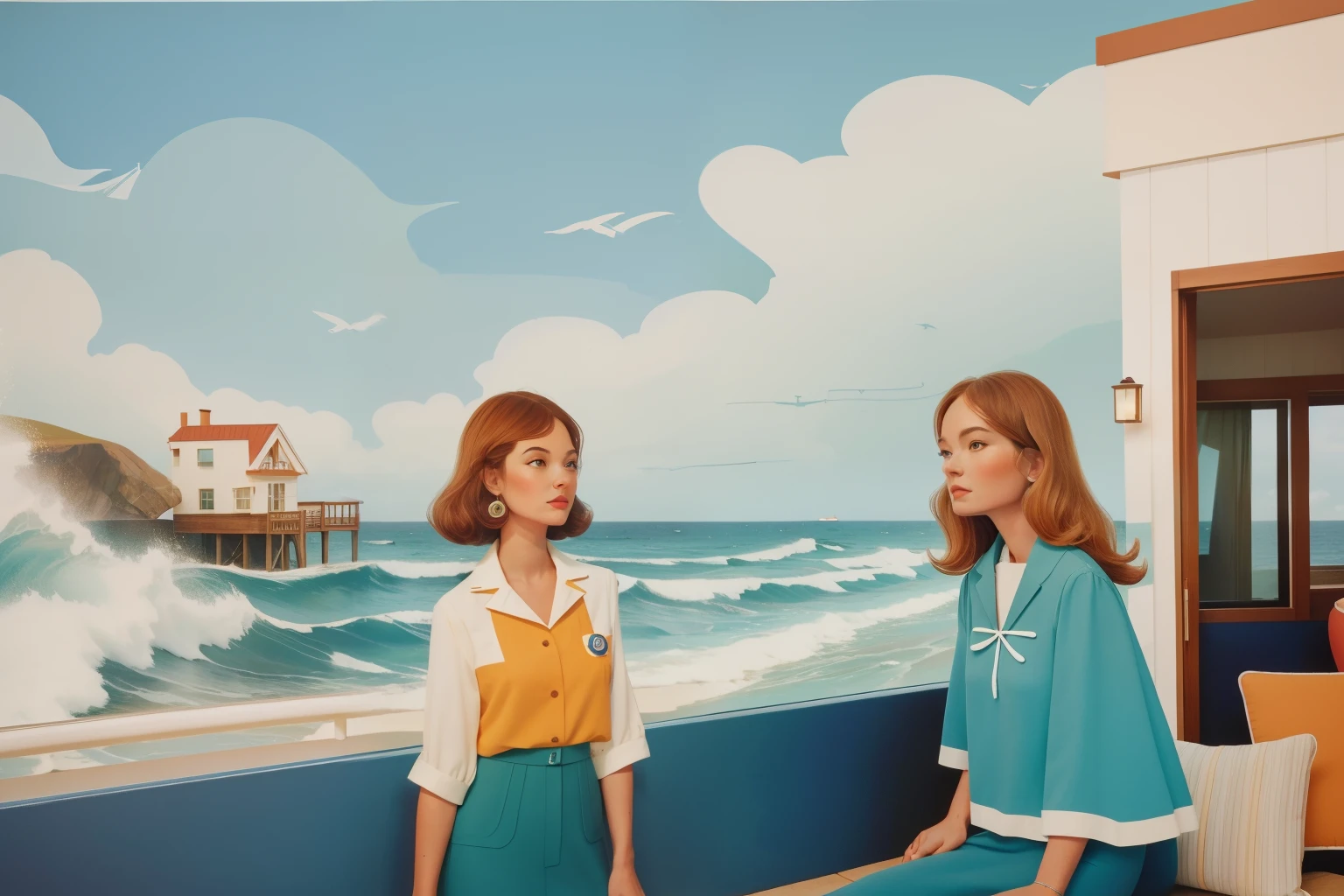 Evelyn's Coastal Retreat, 1970s: The photogram unveils Evelyn's coastal retreat in the 1970s, where characters, clad in stylish yet relaxed attire, share moments against the backdrop of crashing waves. The coastal color palette and whimsical compositions capture the essence of Evelyn's personal chapters, infused with Wes Anderson's signature visual charm.