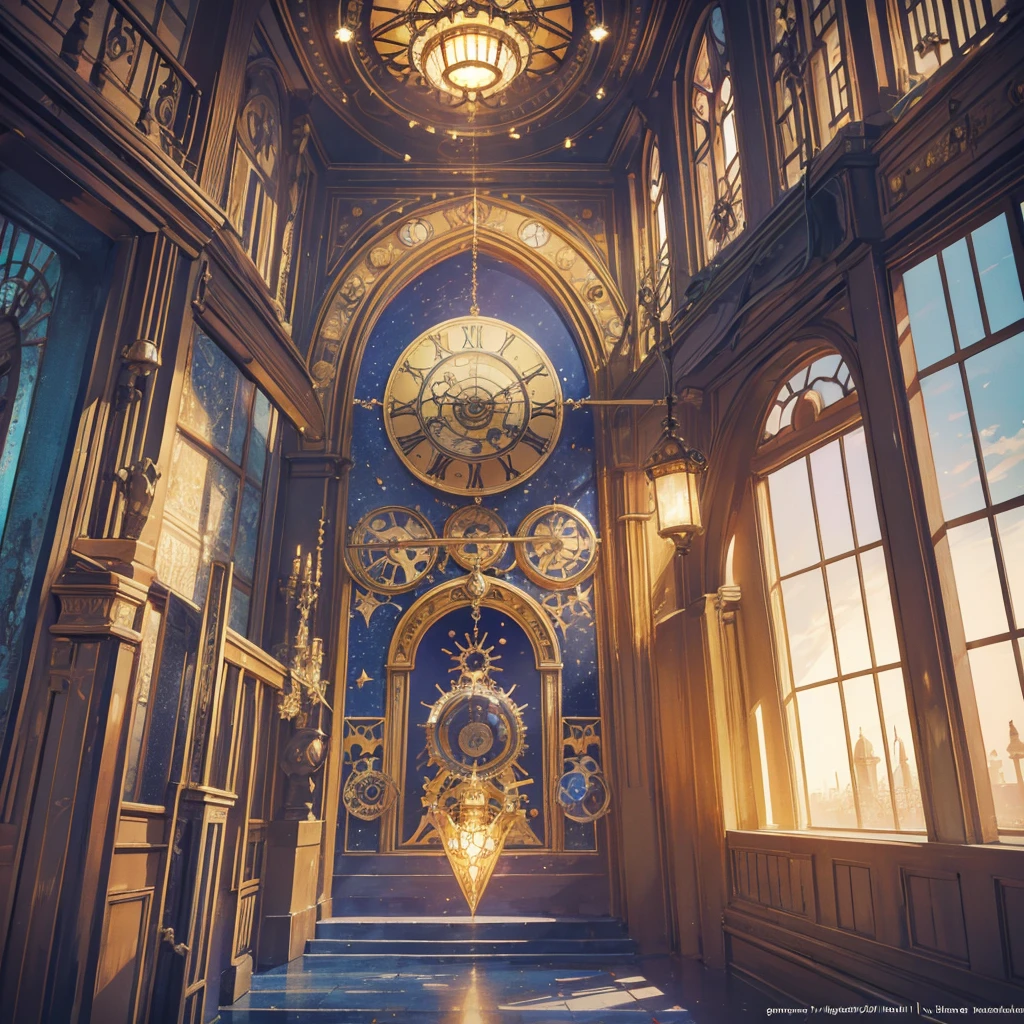 absurdres, best quality, fine detailed, 8k, no humans, Many huge colorful clocks and gears floating in a dimly lit large room, a huge karakuri clock tower decorated with crystal texture, gears of various sizes, clock-themed ornament, silver chain, elaborate twists, steampunk, ray tracing, refraction, cinematic lighting, fisheye lens, tyndall effect