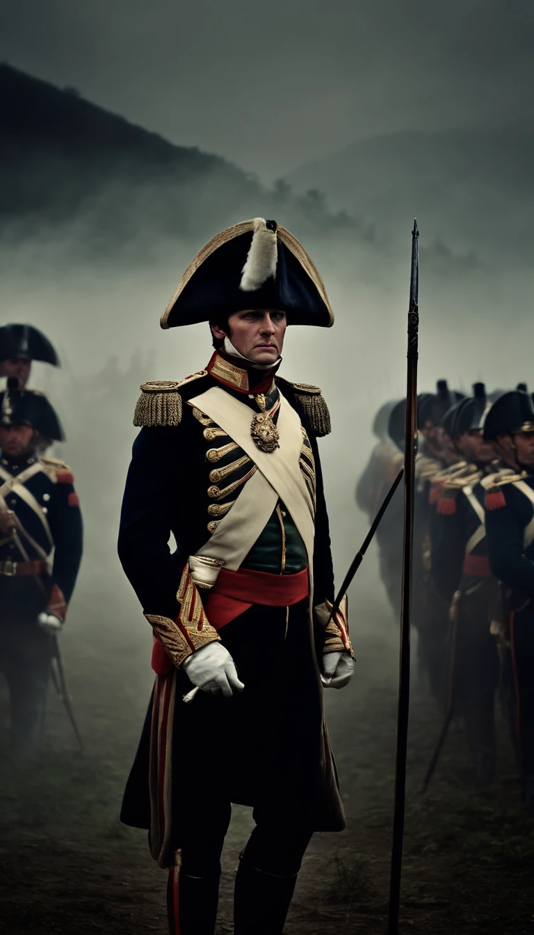 Wide shot, half body of Napoleon Bonaparte, ((looking at the camera)), holding a staff, on the battlefield, surrounded by ((soldiers)), covered by fog. Battlefield background, darkness, night, fog, mist, gothic, photorealistic light, 35mm, motion blur,