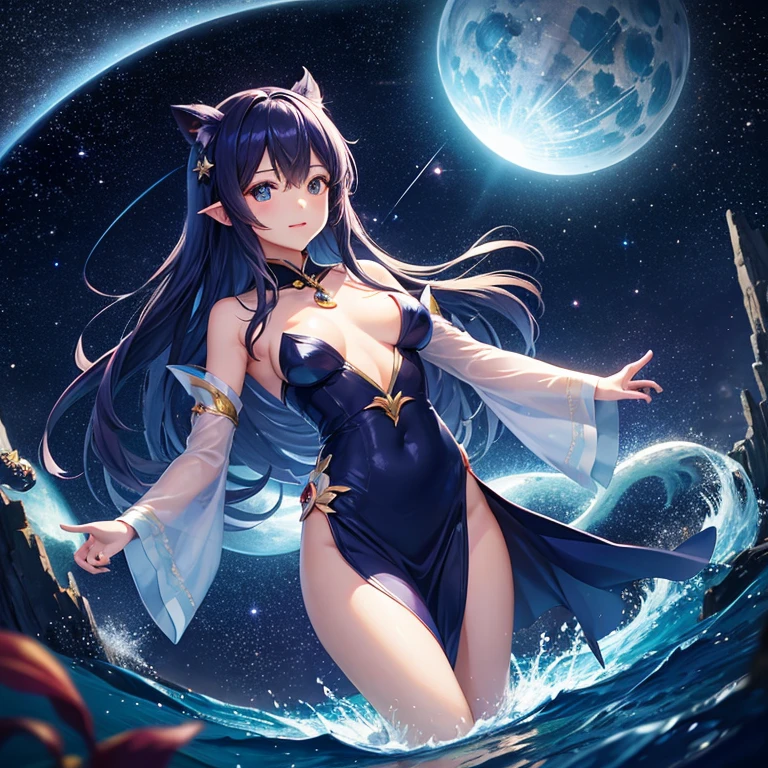 Fantasia。mystical。woman flying in the night sky。shining lake。starrysky、intergalactic。Colorful。glowing little creatures。