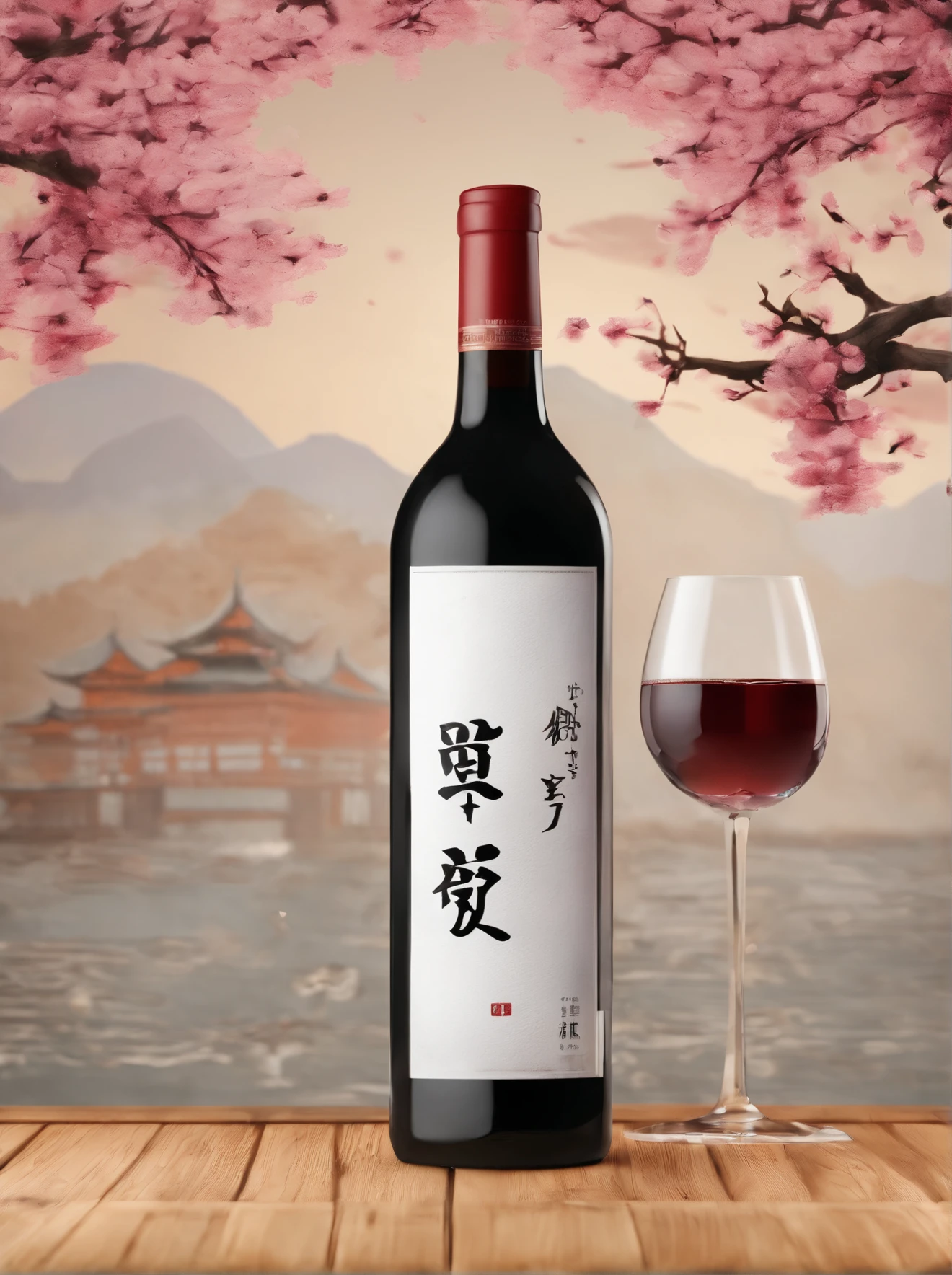 8K,high-definition photography，Bottle of wine on table HD photography，The background is a Japanese folk style background，fotografia do produto，product closeups，Background bokeh