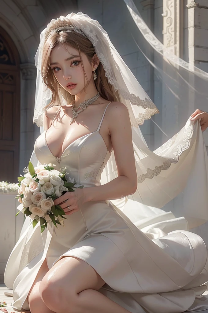 (Masute Piece: 1.3), (Maximum resolution: 1.2), (Ultra HDTV: 1.2), cinematic light, 8k resolution, Detailed eyes and skin, detailed facial features, , (crisp focus: 1.2), (focus on the face:1.2),Perfect style, Exquisite Face, acurate, anatomically correct, Highly detailed face and skin texture, detailed eyes, 二重まぶた, thin eyebrows, Glitter Eyeliner: 1 Natural cheeks, Glossy skin, Fair-skinned: 1.2, (Glossy lips: 1.4),、 (shy look: 1.2),Highly detailed facial and skin texture, detailed eyes, 二重まぶた, Natural Cheeks, , Glossy lips: 1.4,exposed cleavage、(A large amount of sperm in the chest.:1.4)(A large amount of sperm in the thighs.:1.2)、 Red Blush、embarassed、rashness、fright、be afraid、Glares、Tears、Shy from、Open your knees.、Open the legs、Masturbation behavior、Masturbation、Rub the genitals with fingers.,,,,,,,,,,、 White underwear、White bra、Earrings and a small shiny necklace、、Untidy clothes.、dressing、Exposed panties、Wear sweat.、soggy、sheer underwear、Full body like、 25 years old, A neat and clean woman. 、Wavy Hair、 semi-long hair, large, Inverted chest, sit on the ground, a church、Golden Hair、green ash eyes,(Wedding Dresses:1.6)、Veil、