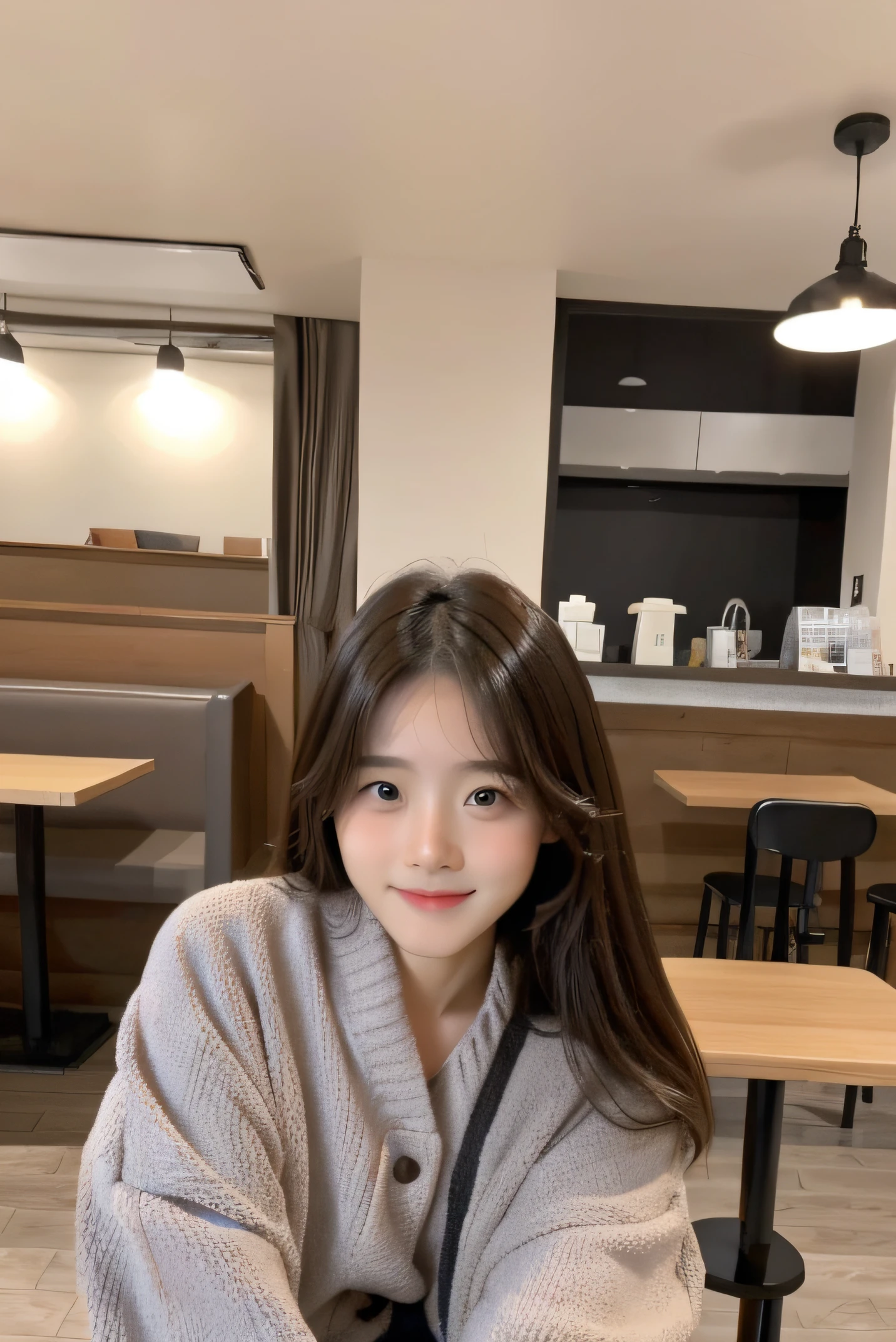 In cafe, A flat, unsmiling face facing the camera lens exactly like in the picture, a face exactly like in the picture, cute and polite clothes