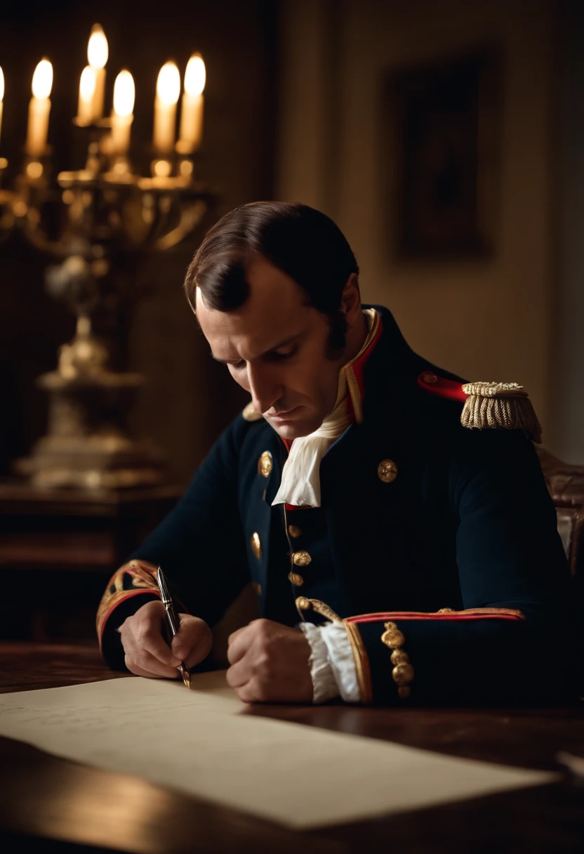 A Napoleon Bonaparte writing letters on his table , cinematic,