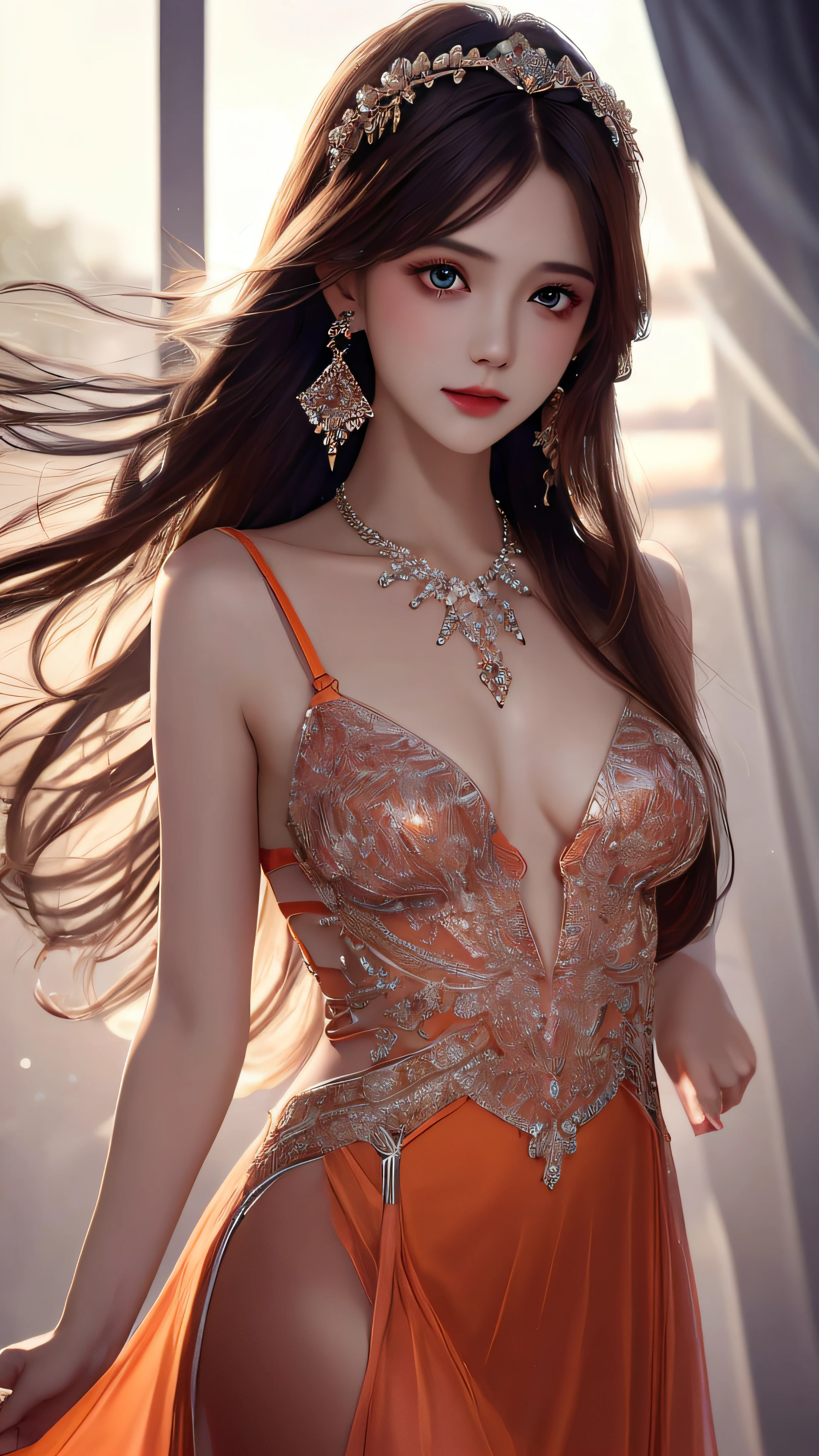 4k, ultra hd, masterpiece, 1 girl, beautiful face, very long hair, spreading hair, hair ornaments,small breasts, very detailed dress, orange dress, lace, criss-cross strap dress, jwellery, earring, necklace, high lighting, dark shadow, window background, blowing iar, realistic effect, very beautiful background, crystals,