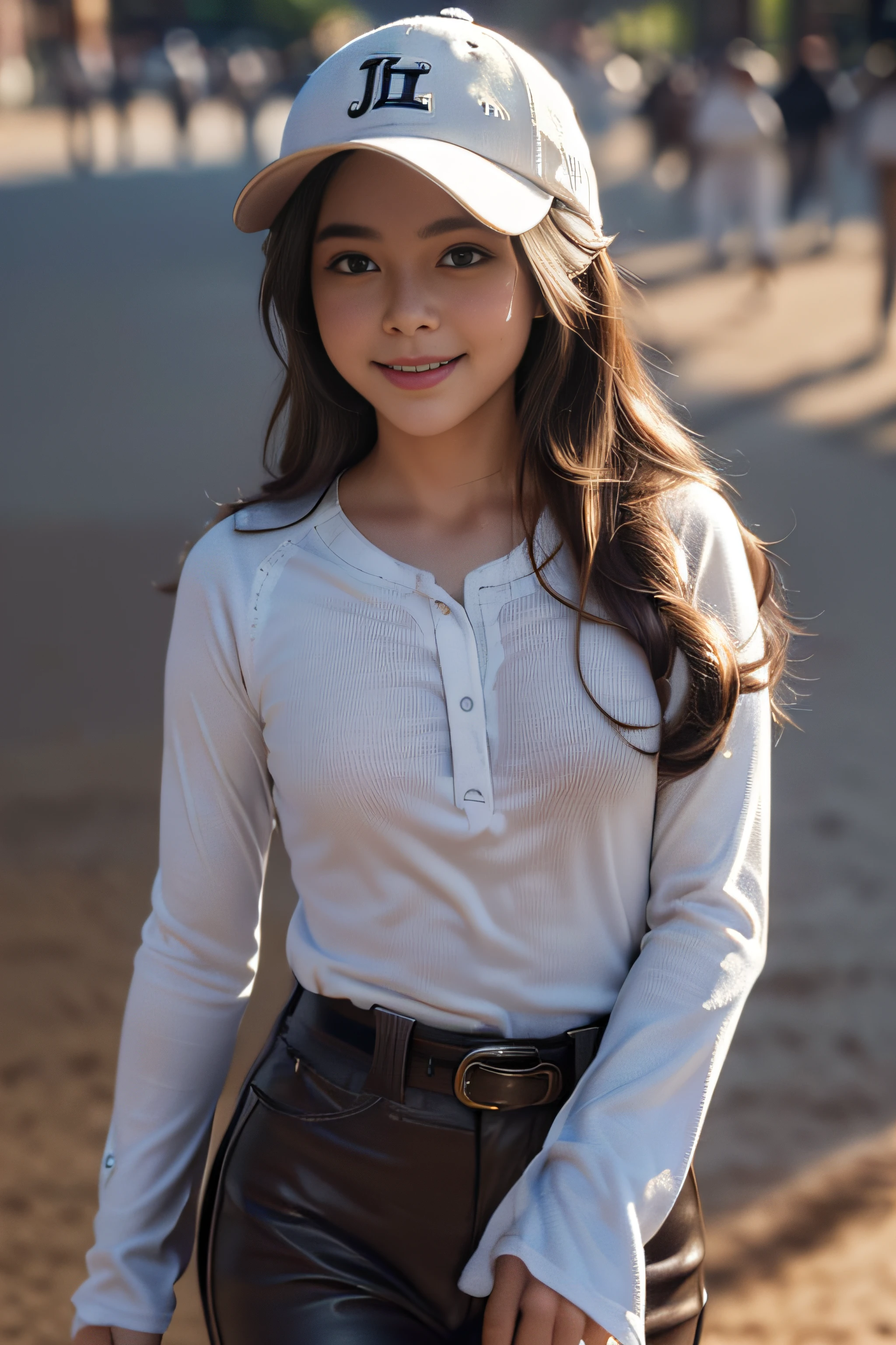 ((beautiful a girl:1.3))((white henley neck long sleeve shirt＿JINS＿baseball cap:1.4))((In the street_In the crowd:1.2)),((Thin_fabric:1.4))((Walking towards us:1.3))((with a flushed face:1.4))((breasts of medium size,:1.2))((close-up:1.2)) Best Quality,masutepiece,超A high resolution,(Photorealistic:1.4),Raw photo,(Authentic skin texture:1.3),(Film grain:1.3),the panorama,Character Portrait,Very Wide Shot,Narrow waist,Cowboy Shot,(In the Dark, deepshadow, lowkey, cold light,) Night,(()),Streaming Tears,,Dust,Tindall Effect,(expression),1girl in,beautiful detailed eyes and face,White Jabot,Brown eyes,((Brown-colored super long hair:1.2)),((Loosely curled hair:1.2)) ((Full body:1.3)) ((Little smile:1.3))