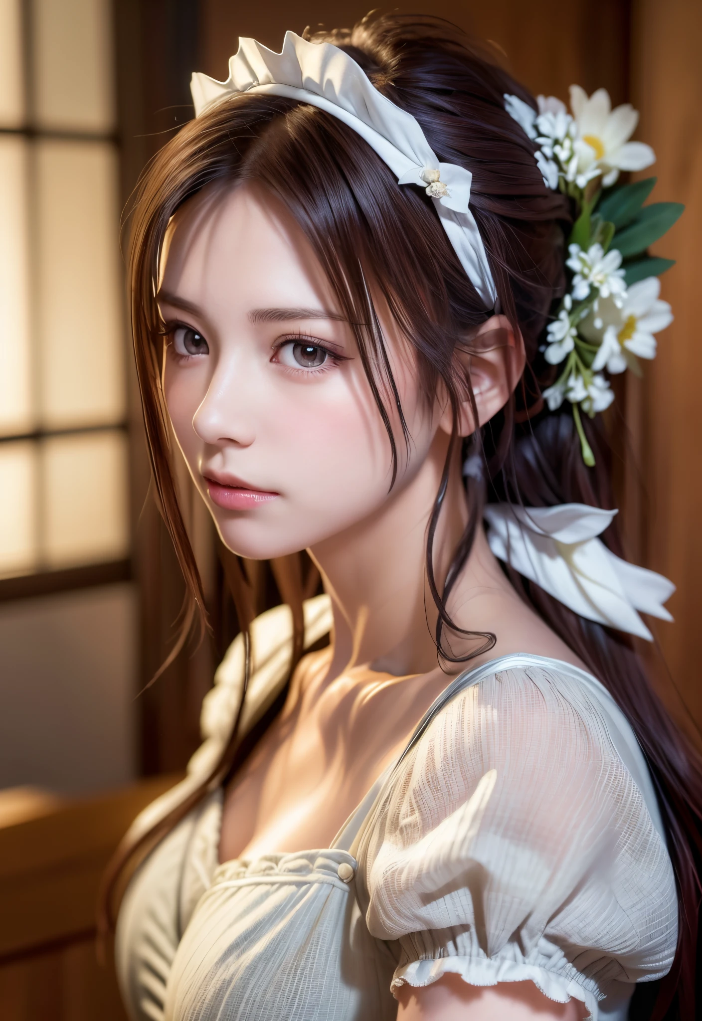 8K, of the highest quality, masutepiece:1.2), (Realistic, Photorealsitic:1.37), of the highest quality, masutepiece, Beautiful young woman, Pensive expression, Thoughtful look, Cute Maid Clothes, Hair tied back, Messy mood, Cinematic background, Tired, Light skin tone