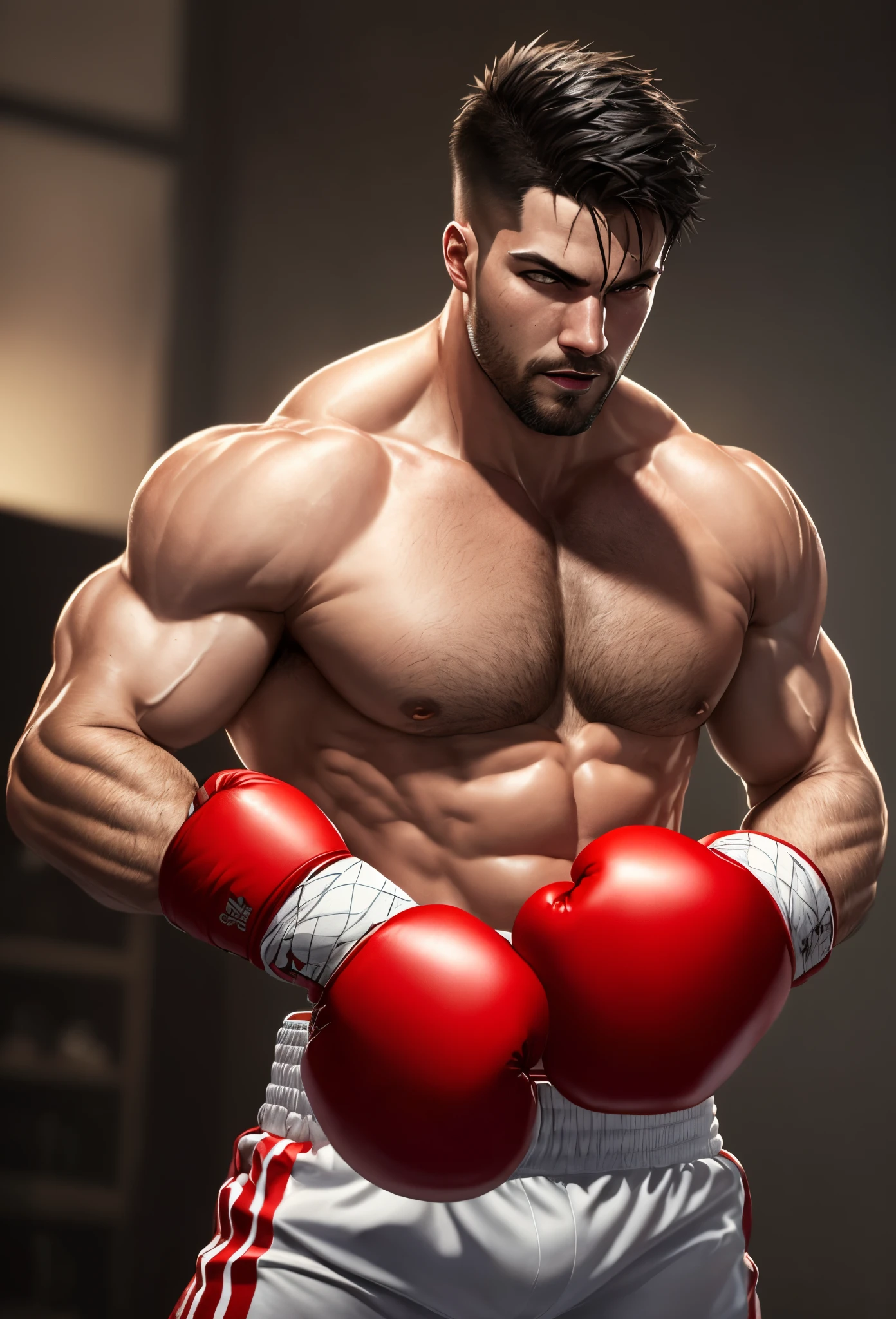 fighting game character model, sketch, concept art, human, bright color, boxing champion, red boxing gloves, white and red stripes trunks, shirtless, sweaty, American man, muscular!!!, (bara), hunk, burly, short crew cut hair, black hair, thick facial hair, cold face, on plain white canvas, mix of bold and thin lines, 8k, splash art, sharp focus, volumetric lighting,