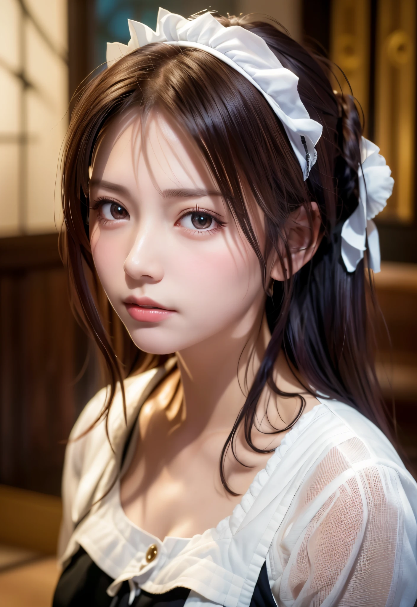 8K, of the highest quality, masutepiece:1.2), (Realistic, Photorealsitic:1.37), of the highest quality, masutepiece, Beautiful young woman, Pensive expression, Thoughtful look, Cute Maid Clothes, Hair tied back, Messy mood, Cinematic background, Tired, Light skin tone