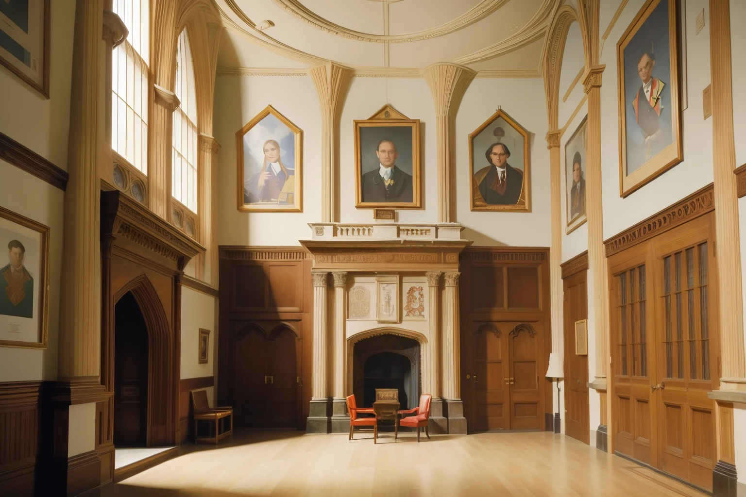 Cambridge University, England, 2000s: The scene transitions to the distinguished halls of Cambridge University, where characters in a blend of academic and quirky attire navigate the iconic setting. The historical architecture and meticulously arranged compositions reflect Tara Westover's transformative journey, enhanced with Wes Anderson's cinematic visual style.