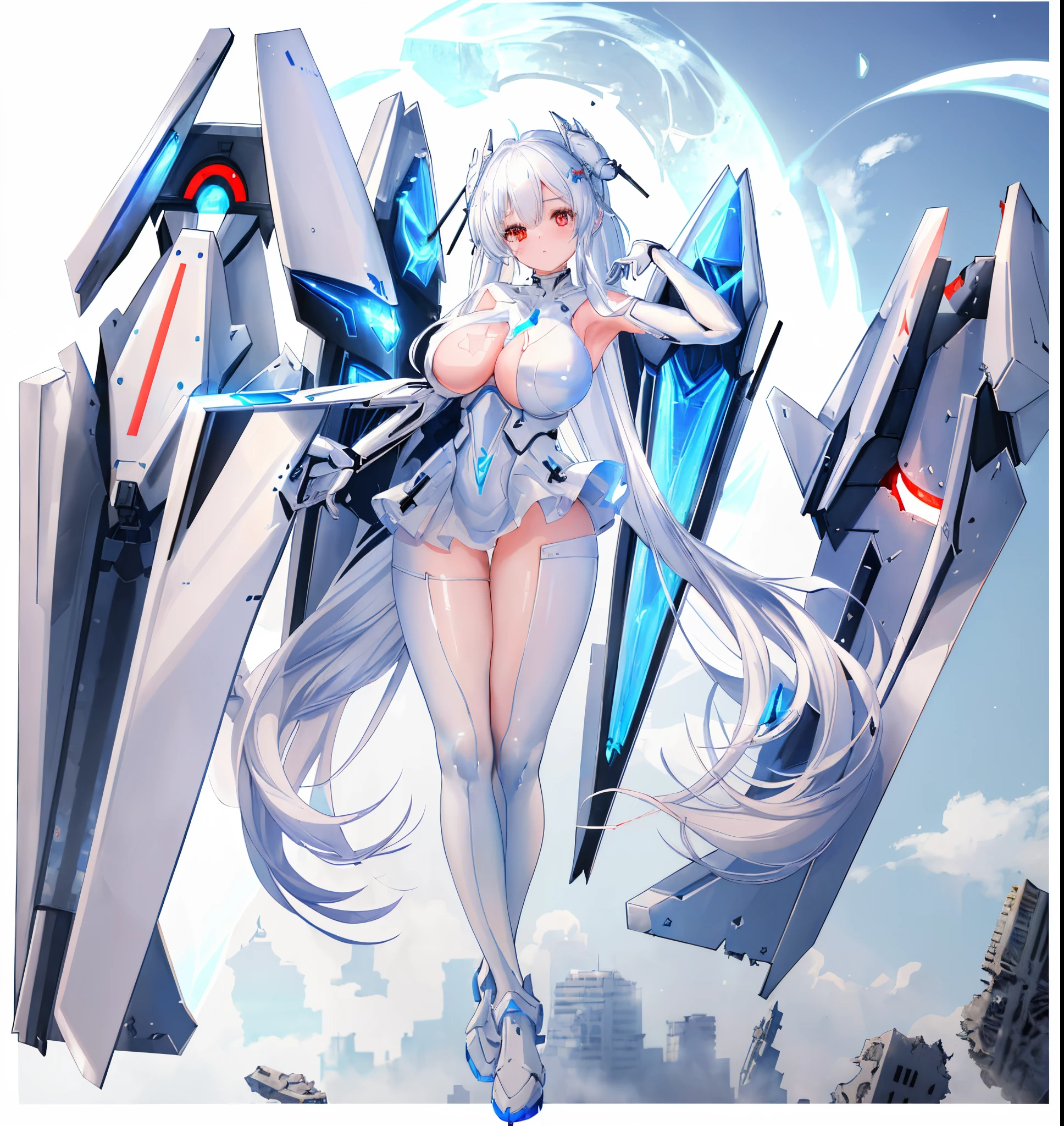 girl with long white hair and white dress, !teens girl,, in white futuristic armor, White Mecha, white haired god, azur lane style, sliver ice color reflected armor,, cyborg - girl with silver hair, glossy white armor、Cinderella/(Nike, Goddess of Victory)/、The moon is out、i&#39;((i&#39;Me in the ruined city))、((top-quality、8K、​masterpiece:1.3))、cute little、Twin-tailed、i&#39;((((In the ruined city))))、no feelings、red eyes、1 persons、shield armor