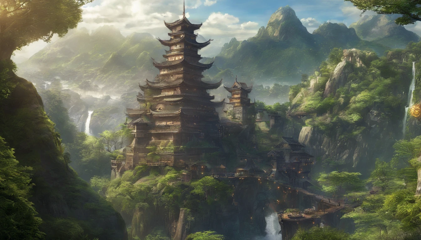 The background is an anime scene from the castle,The castle grows on a huge world tree,concept art by Kamagurka,Pixiv competition winner,Fantasyart,Anime background art,anime concept hdr anime macmanus,Highly detailed digital art in 4K,background artwork,Anime epic artwork,Anime landscape concept art,4K detailed digital art,Made up of trees and fantastic islands,