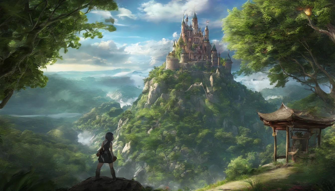 The background is an anime scene from the castle,The castle grows on a huge world tree,concept art by Kamagurka,Pixiv competition winner,Fantasyart,Anime background art,anime concept hdr anime macmanus,Highly detailed digital art in 4K,background artwork,Anime epic artwork,Anime landscape concept art,4K detailed digital art,Made up of trees and fantastic islands,